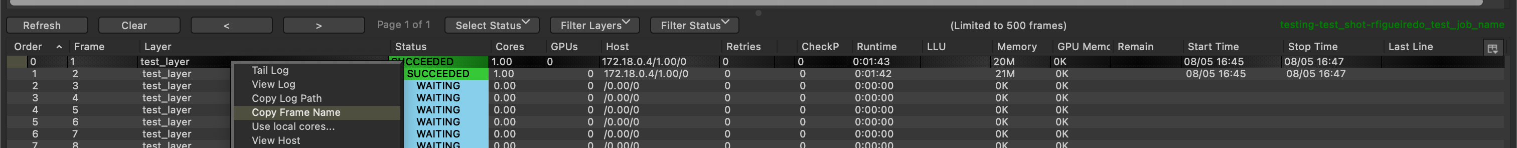 Copy Frame Name context menu