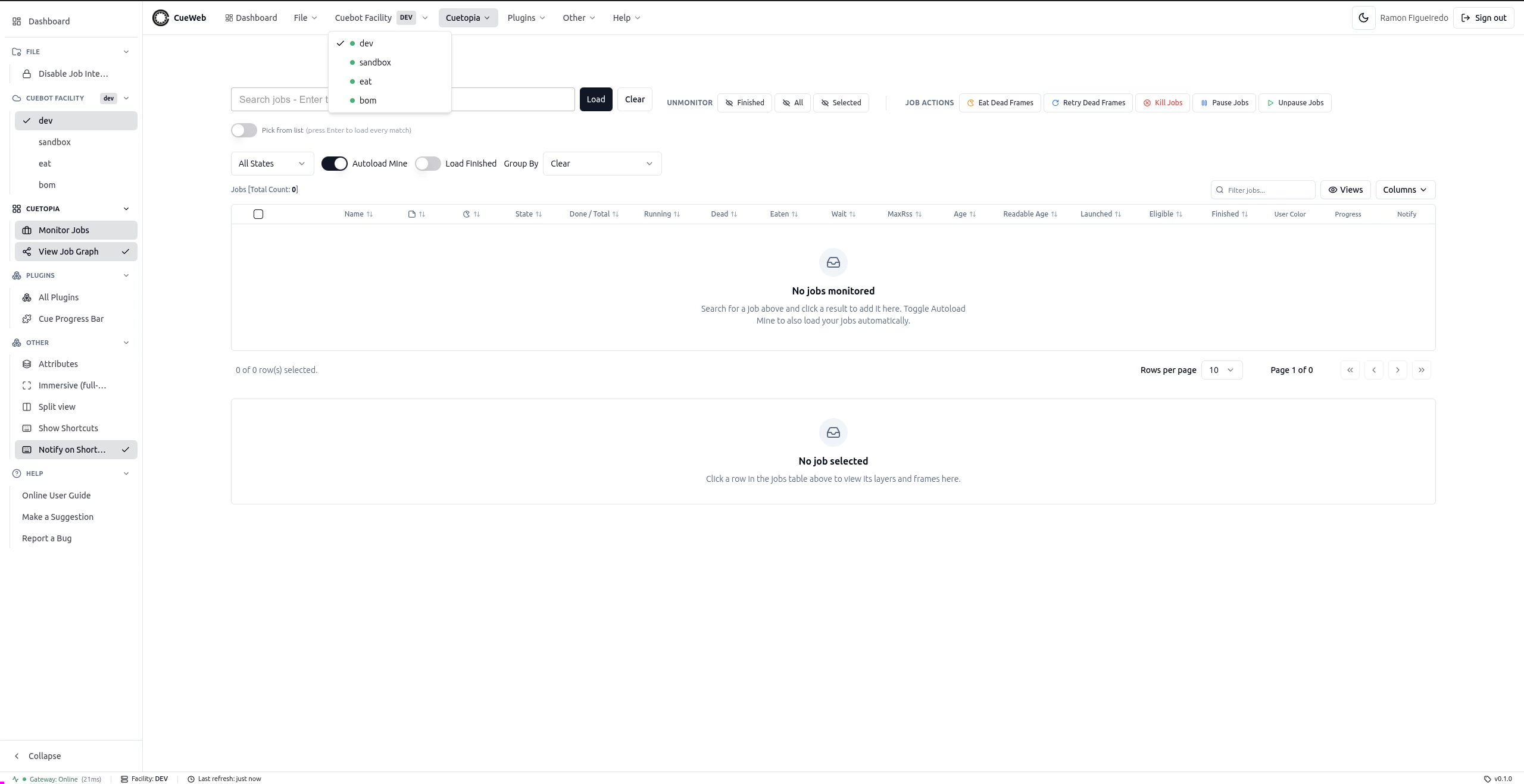 CueWeb basic (non-admin) view with CueCommander and CueSubmit hidden