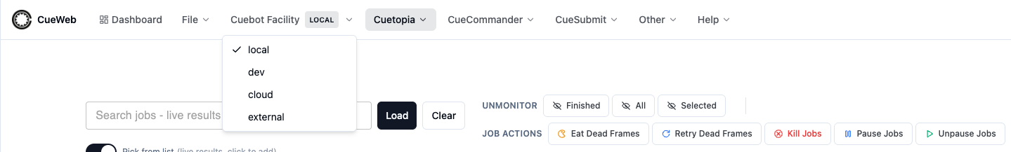 CueWeb Cuebot Facility menu