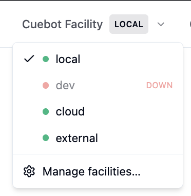 Cuebot Facility menu with Manage facilities