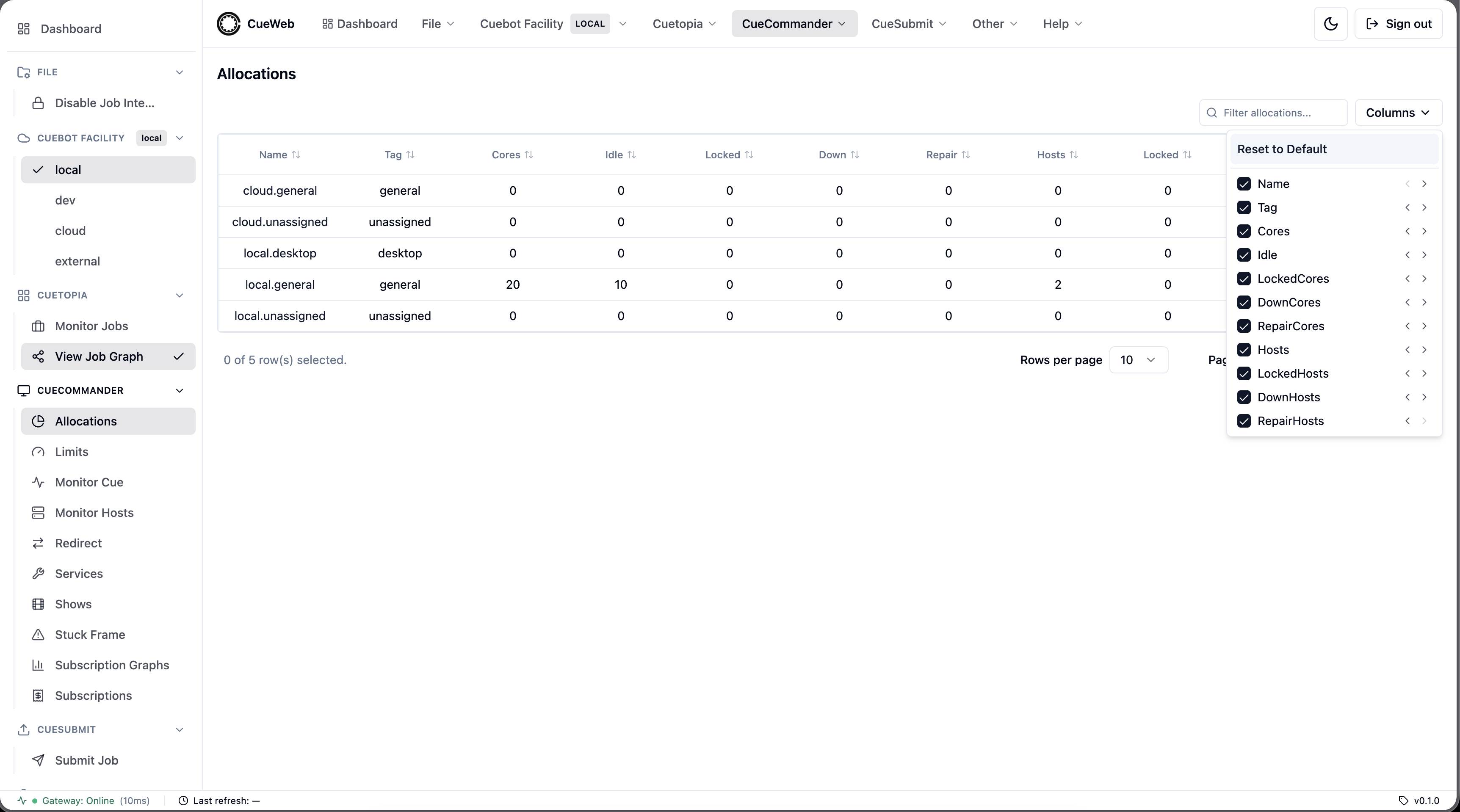 Allocations Columns chooser