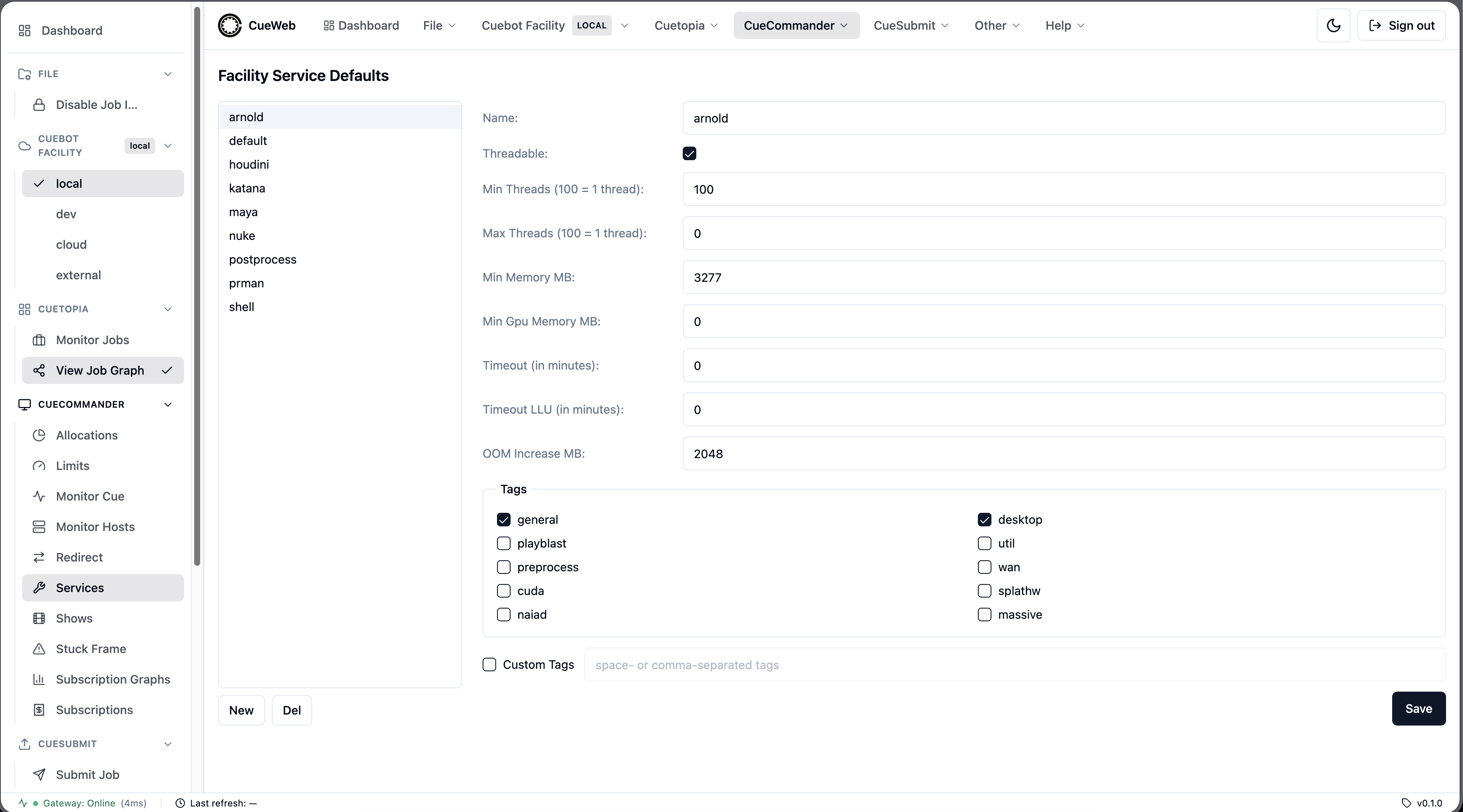 CueWeb Facility Service Defaults page