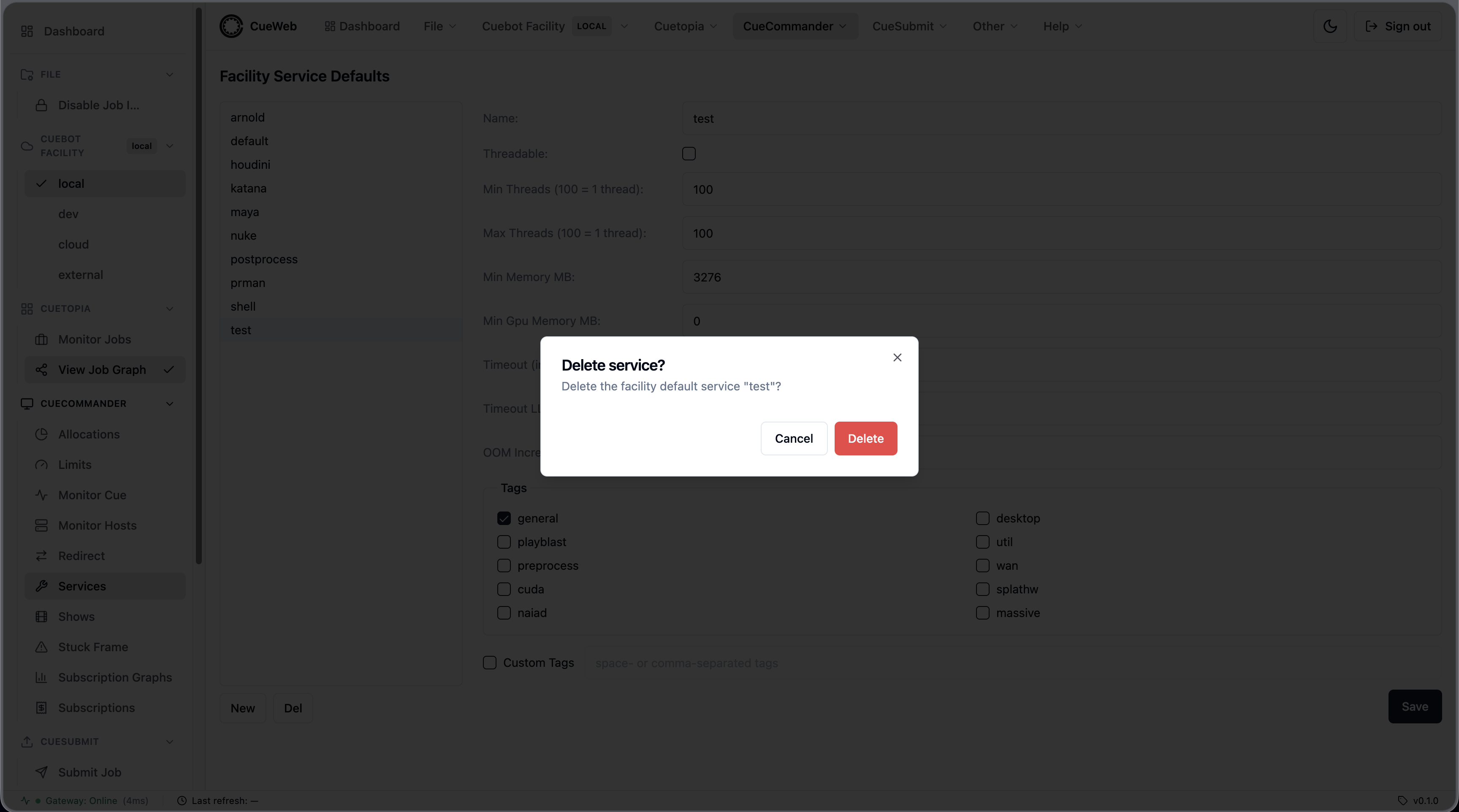 Delete service confirmation