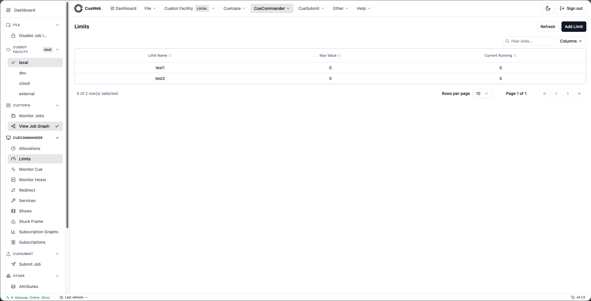 CueWeb Limits page