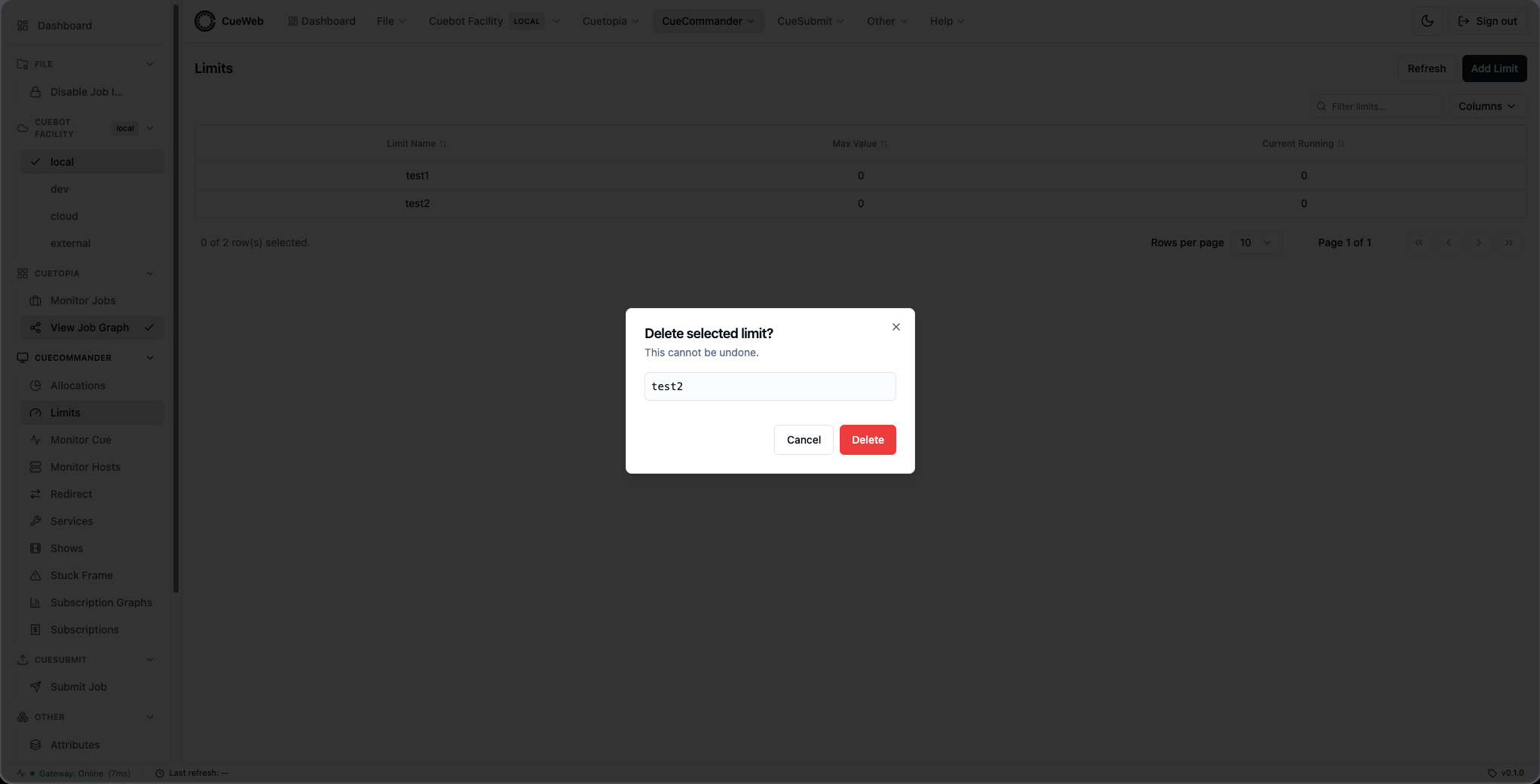 Delete limit confirmation