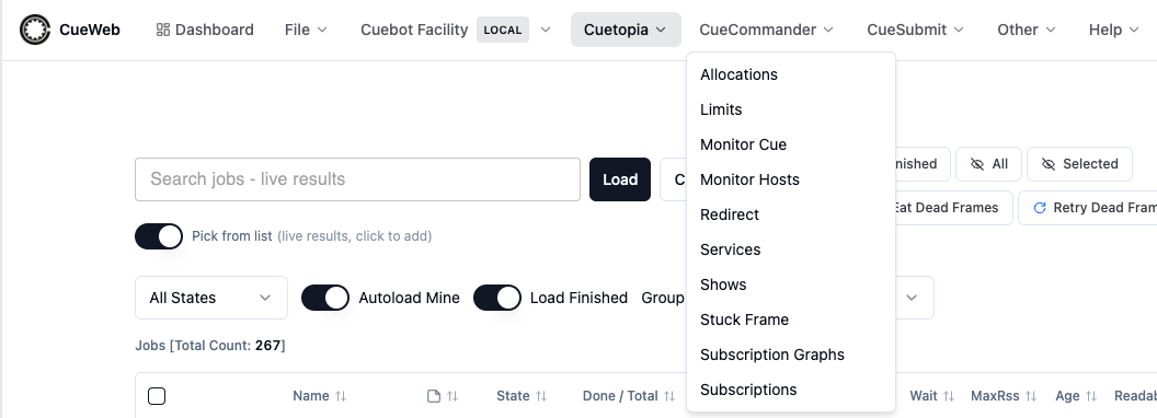 CueWeb CueCommander menu