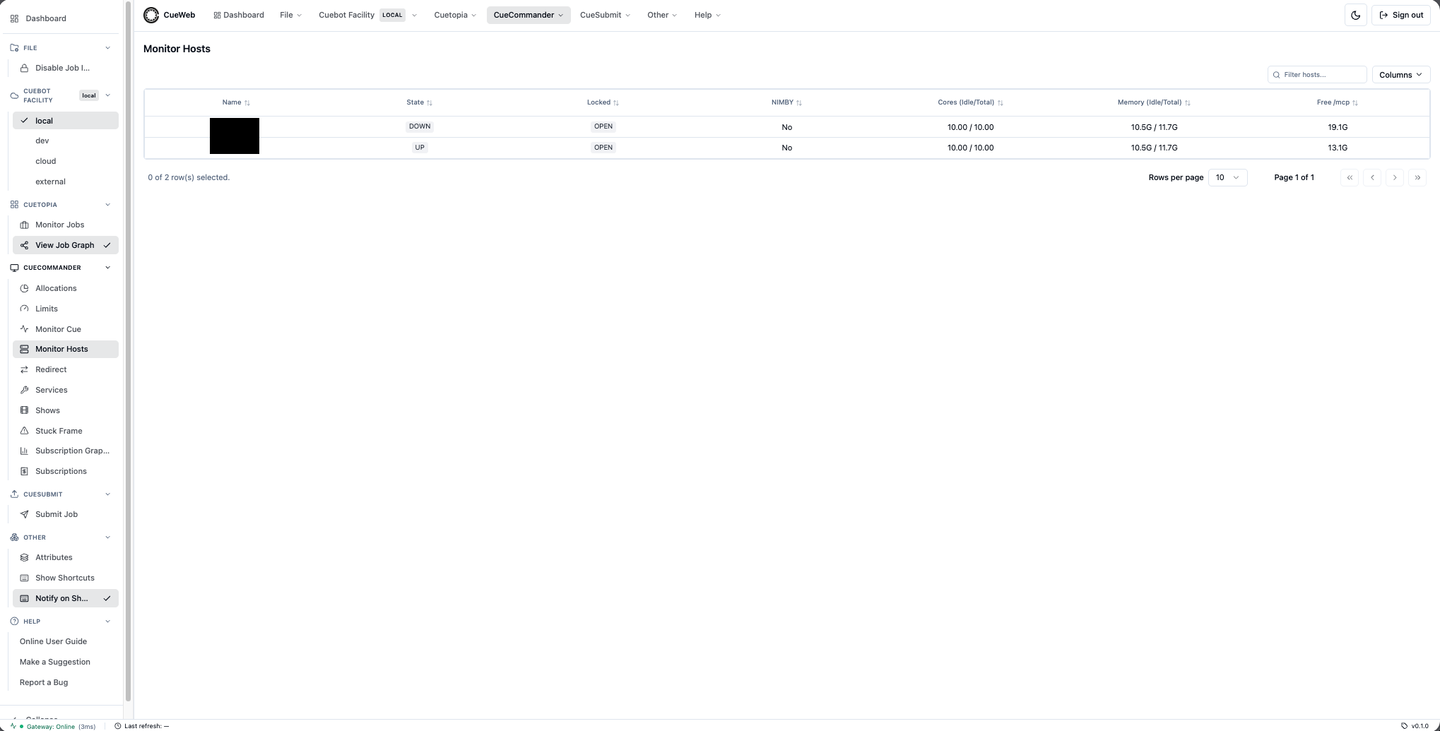 CueWeb Monitor Hosts page