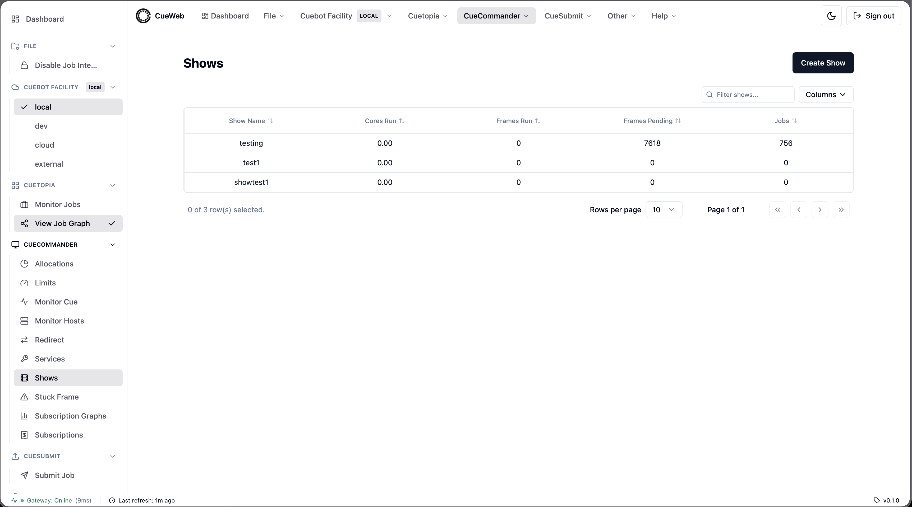 CueWeb Shows page