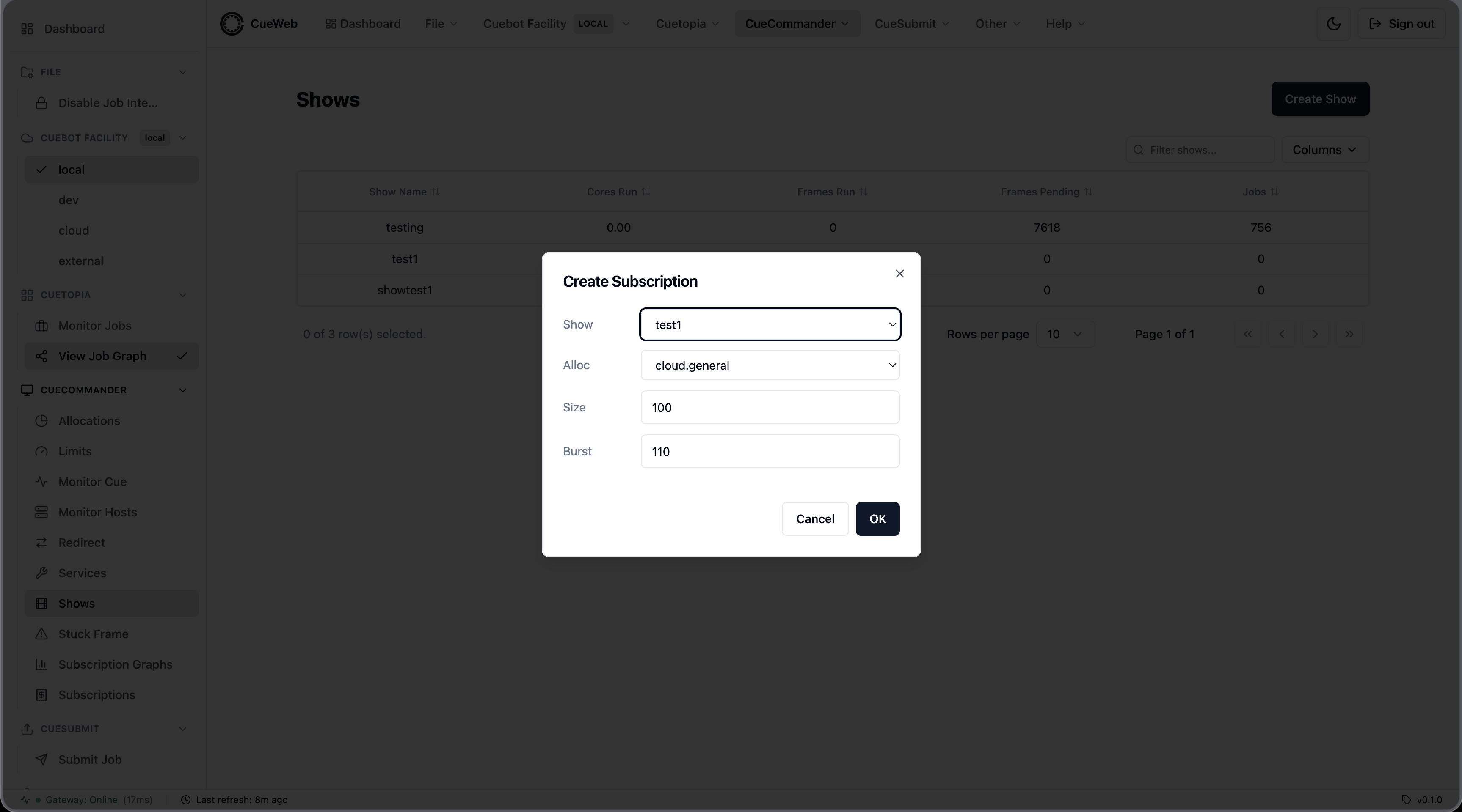 Create Subscription dialog