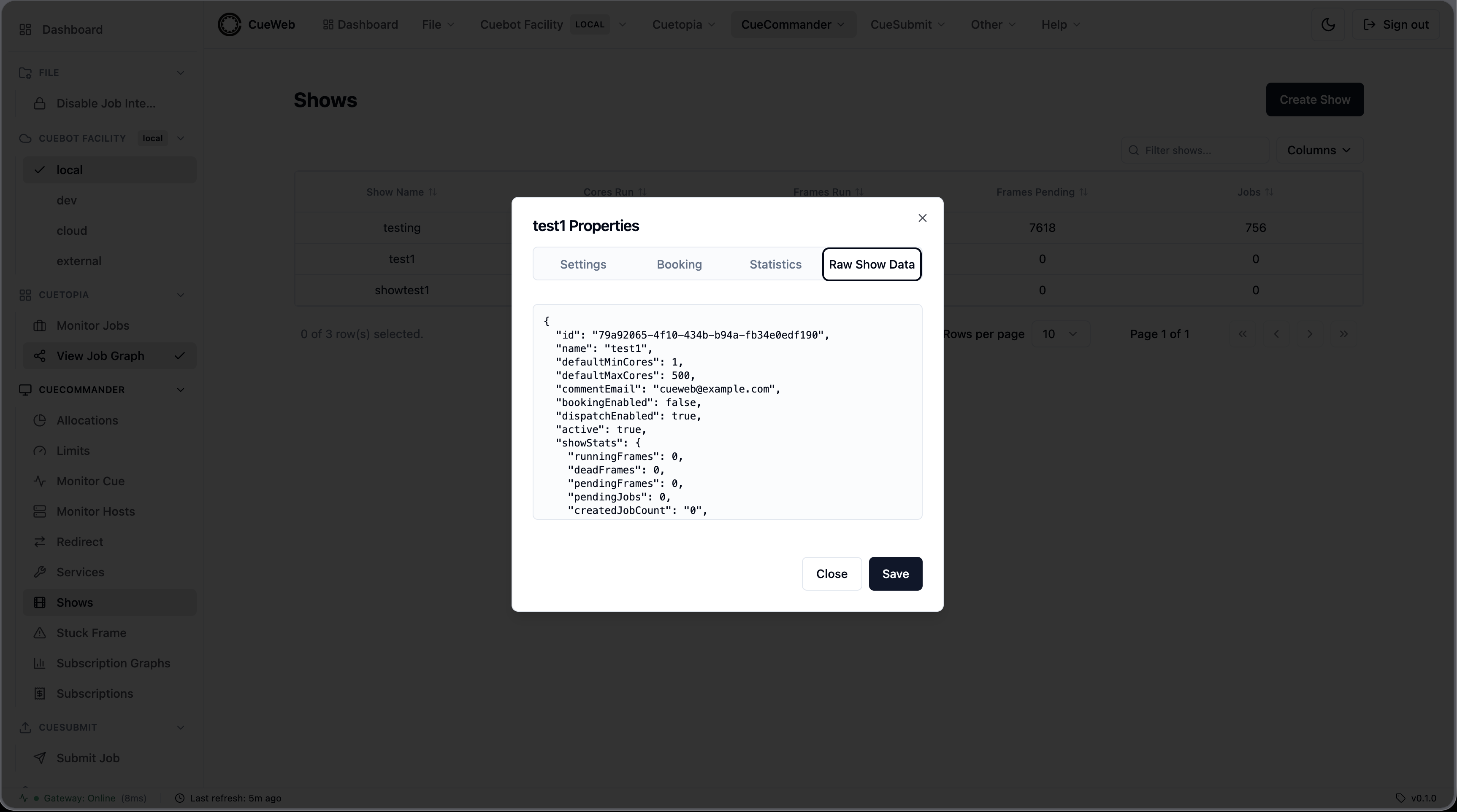 Show Properties - Raw Show Data tab