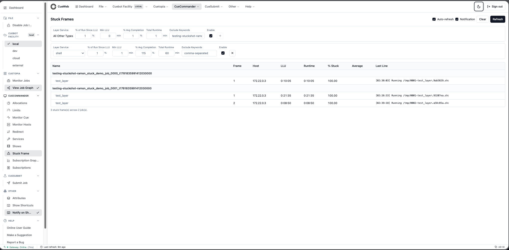 Adding a service-specific Stuck Frame filter