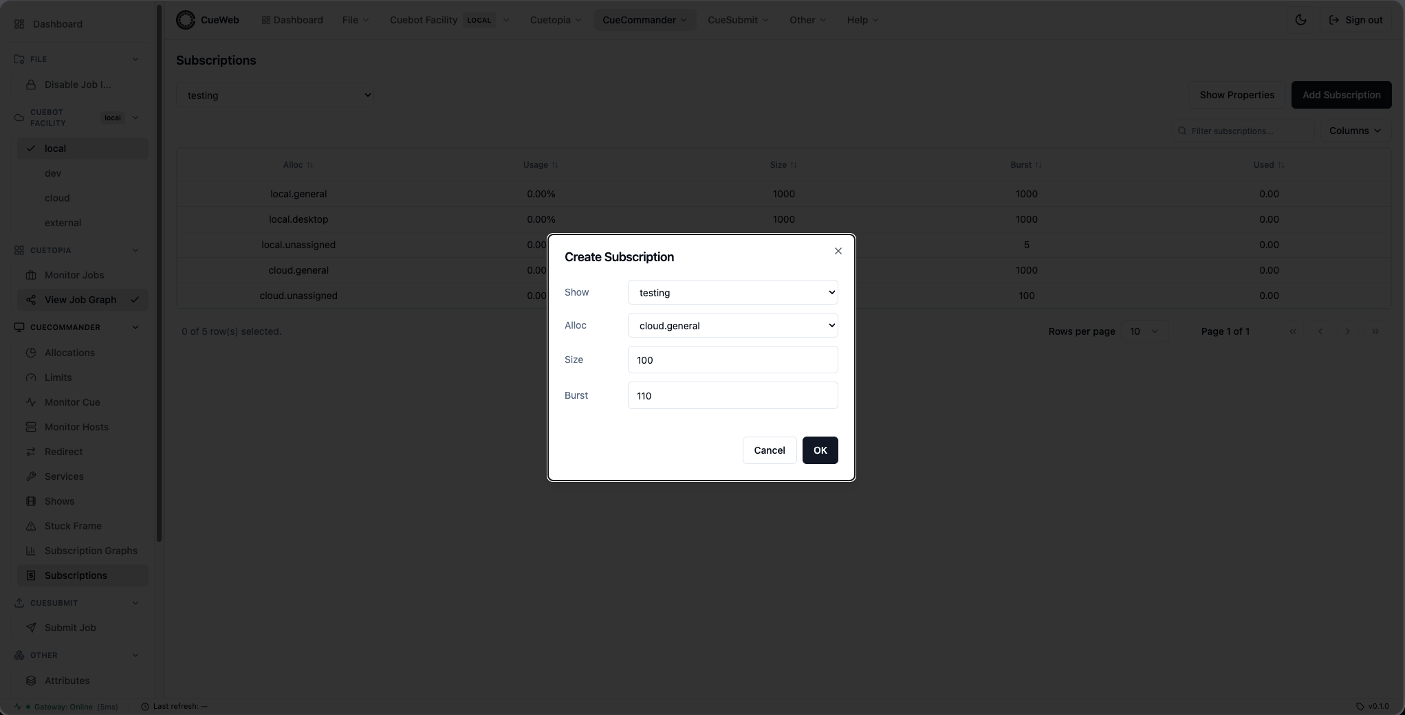 Create Subscription dialog