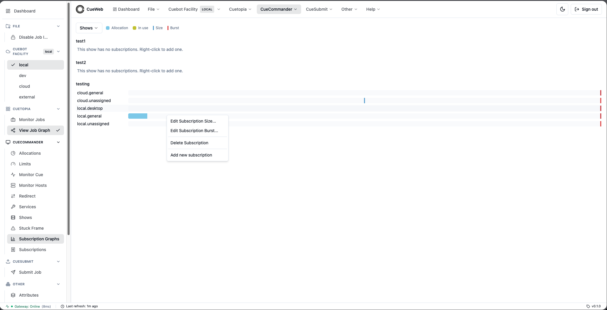 Subscription bar context menu