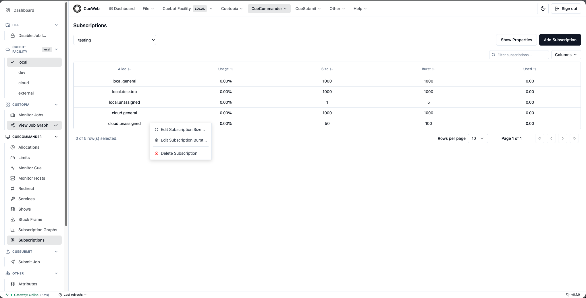 Subscription row context menu