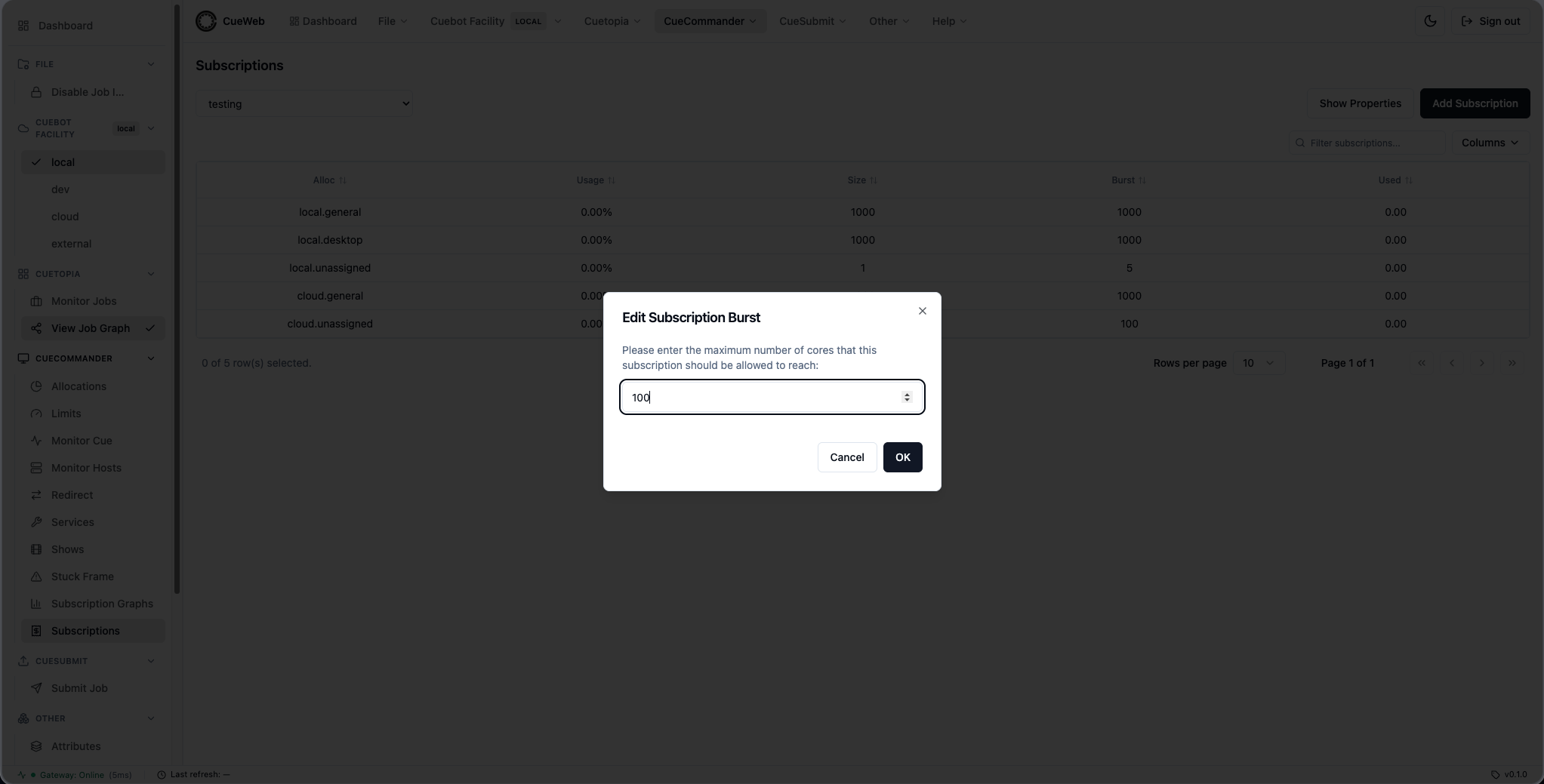 Edit Subscription Burst dialog