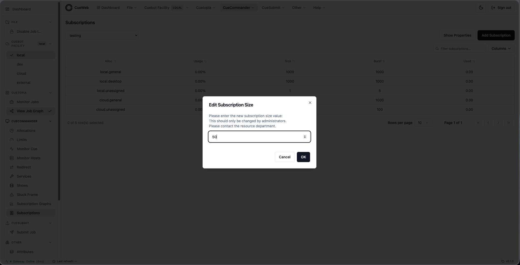 Edit Subscription Size dialog