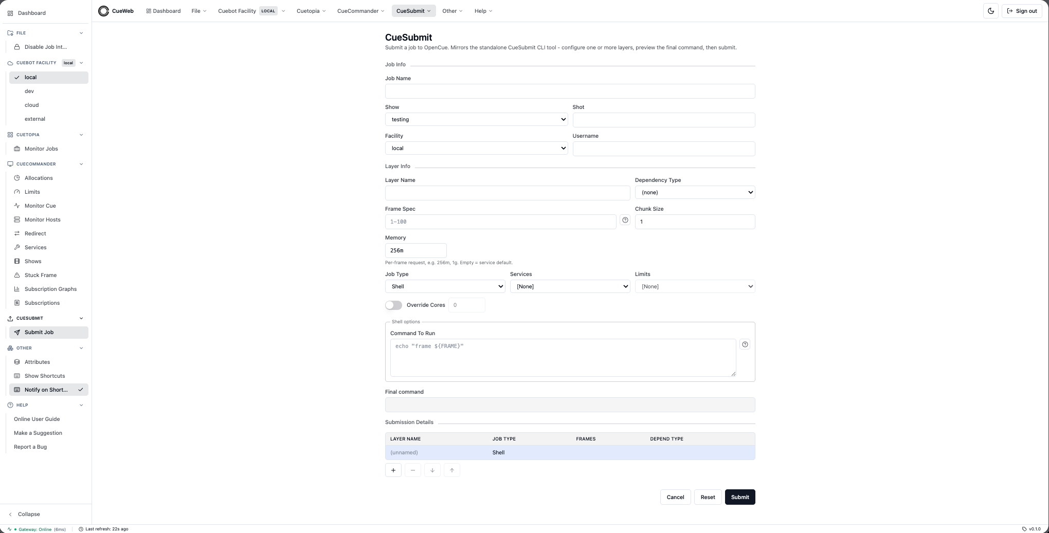 CueSubmit Submit Job page