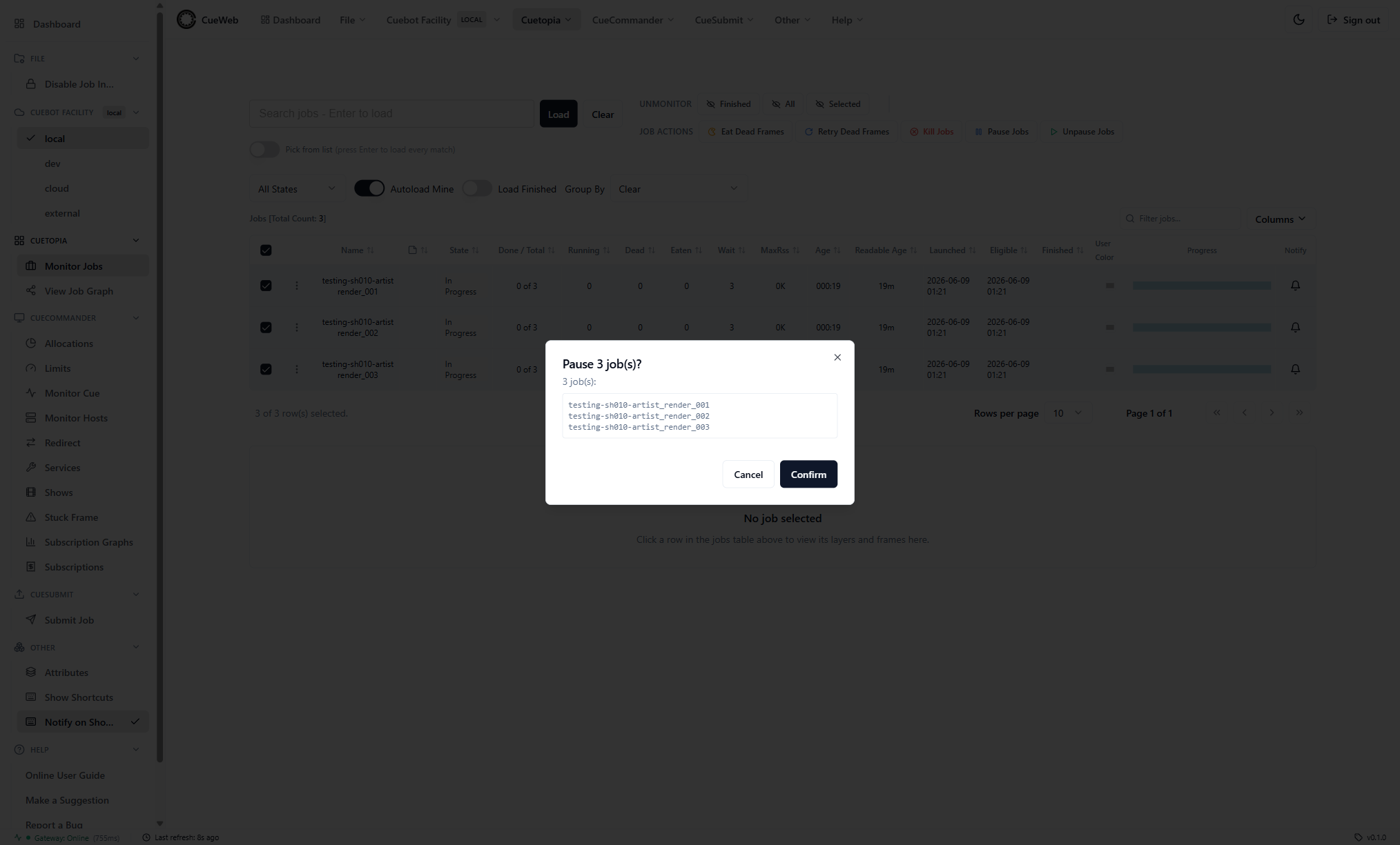 Confirmation listing the affected jobs before a bulk action