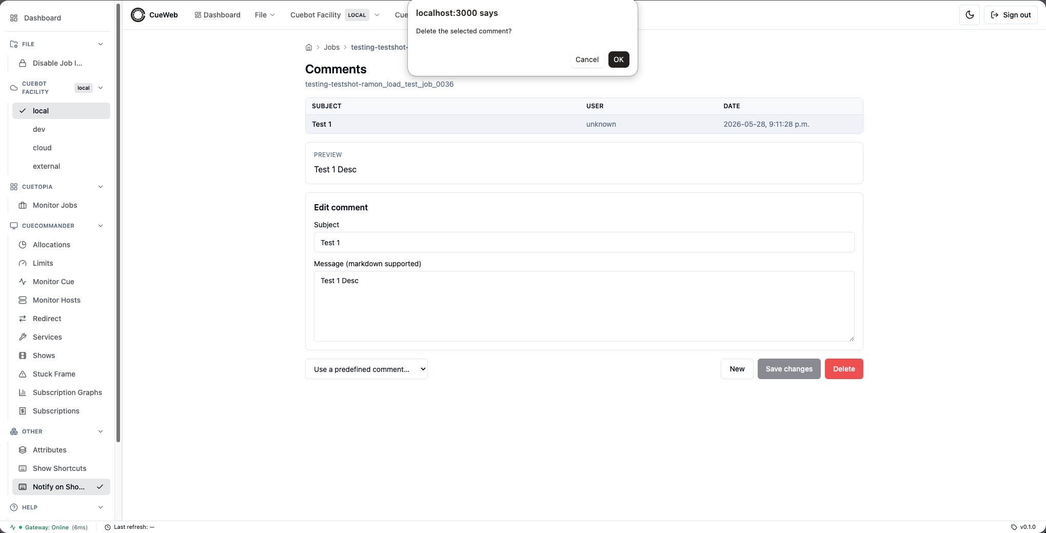 Confirming deletion of a selected comment