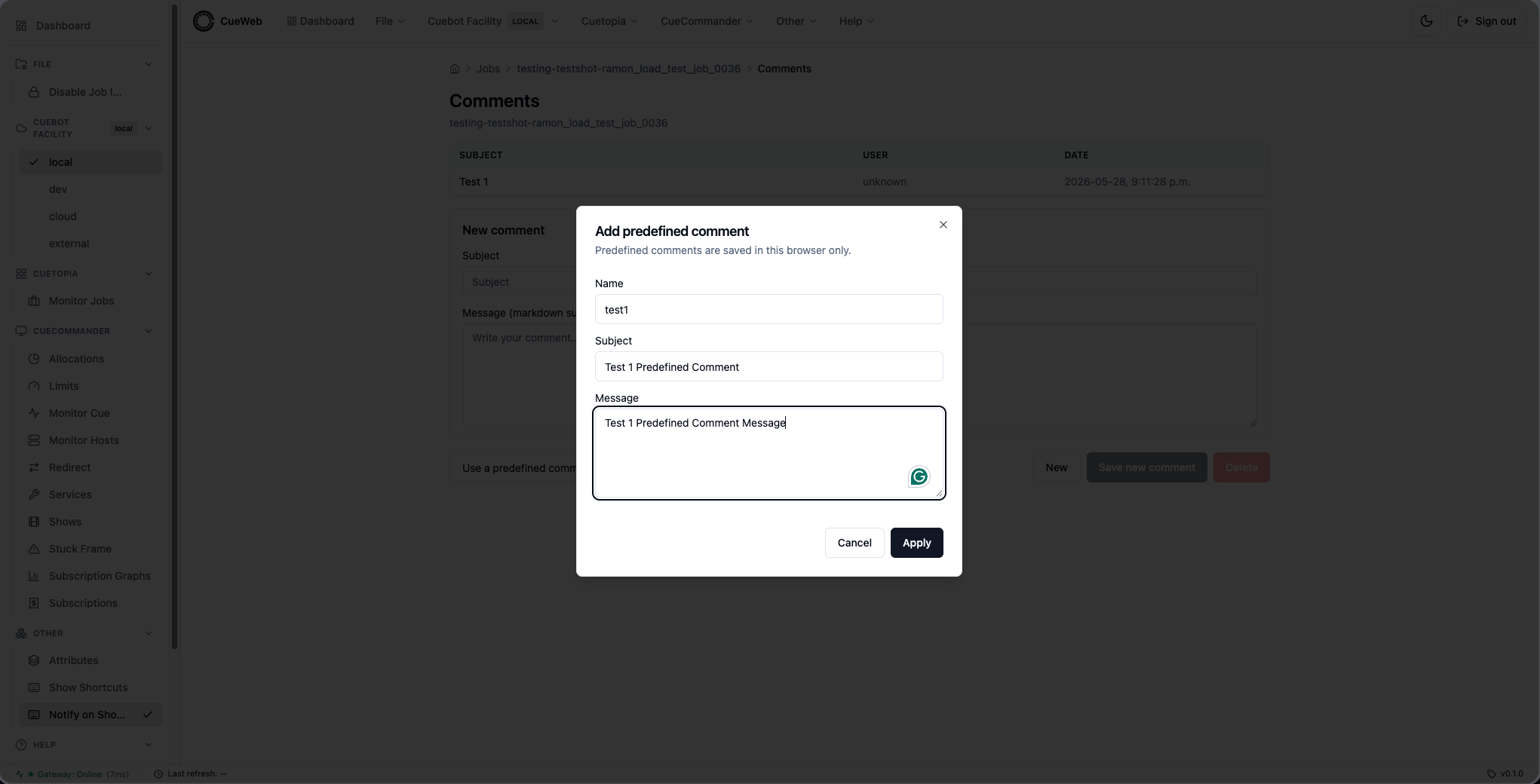 Entering the predefined comment details