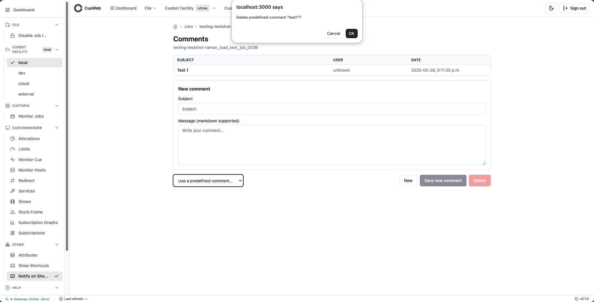 Confirming deletion of a predefined comment