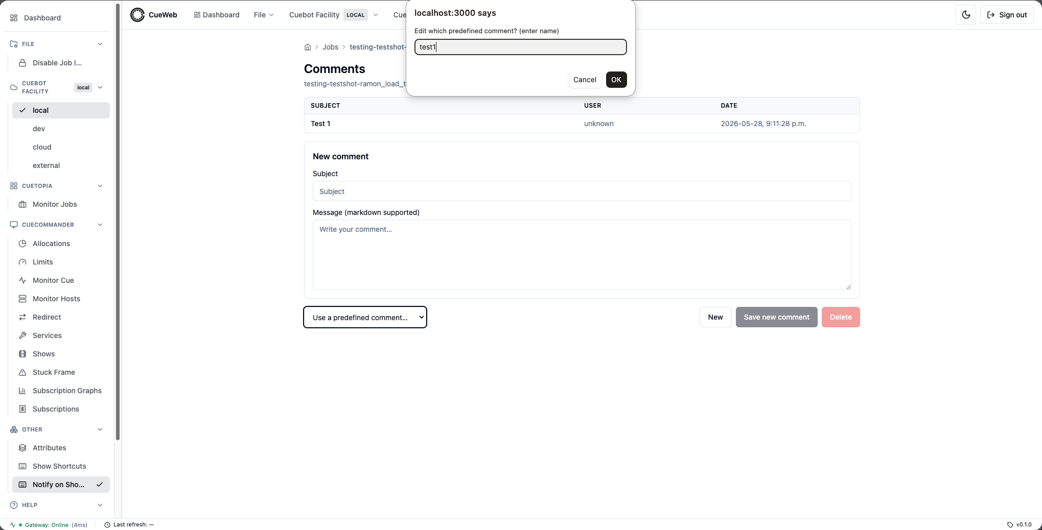 Editing a predefined comment