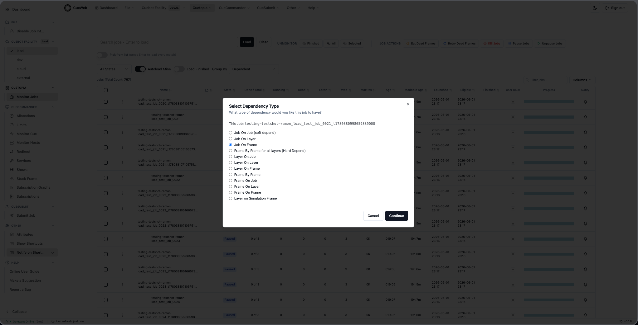 Job On Frame step 1 - select the dependency type