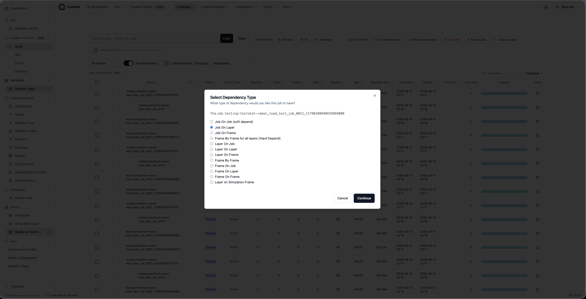Job On Layer step 1 - select the dependency type