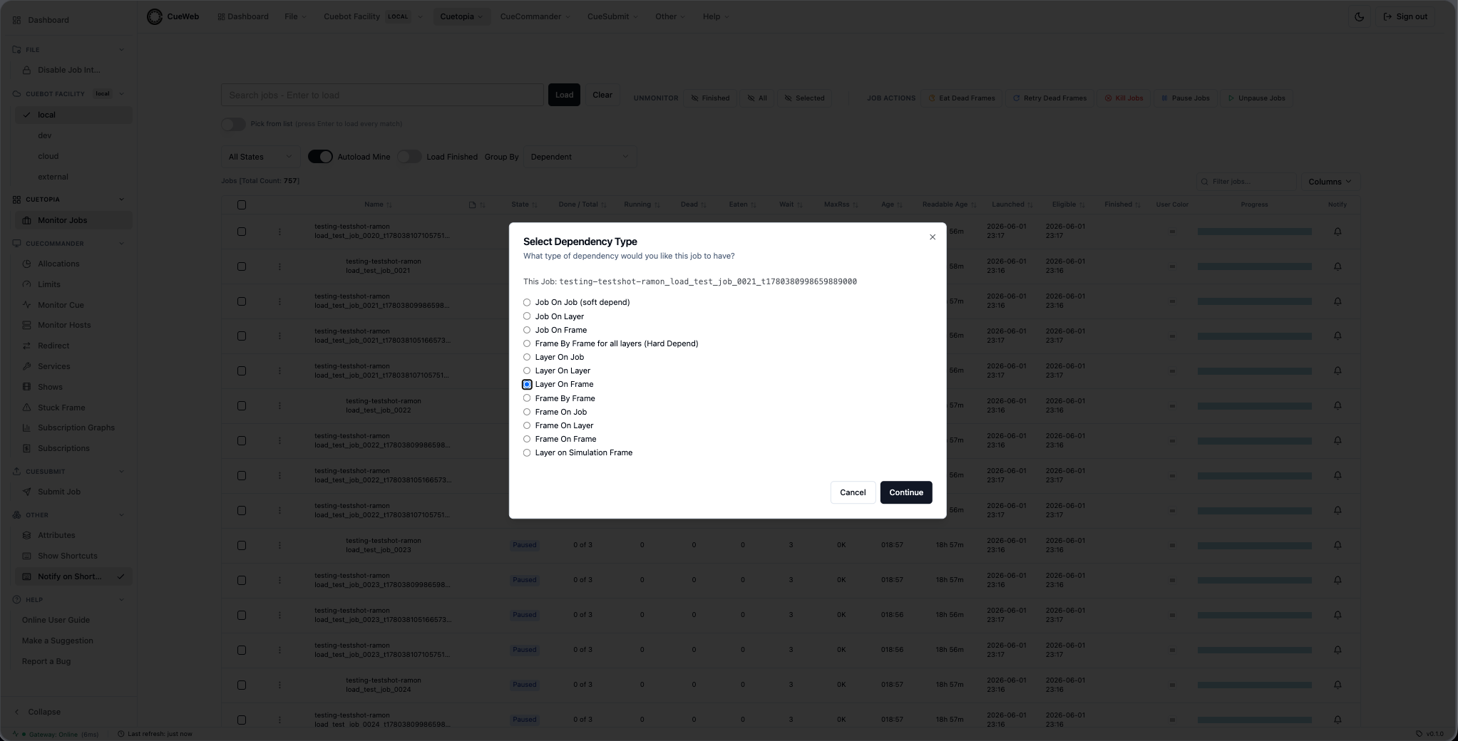 Layer On Frame step 1 - select the dependency type