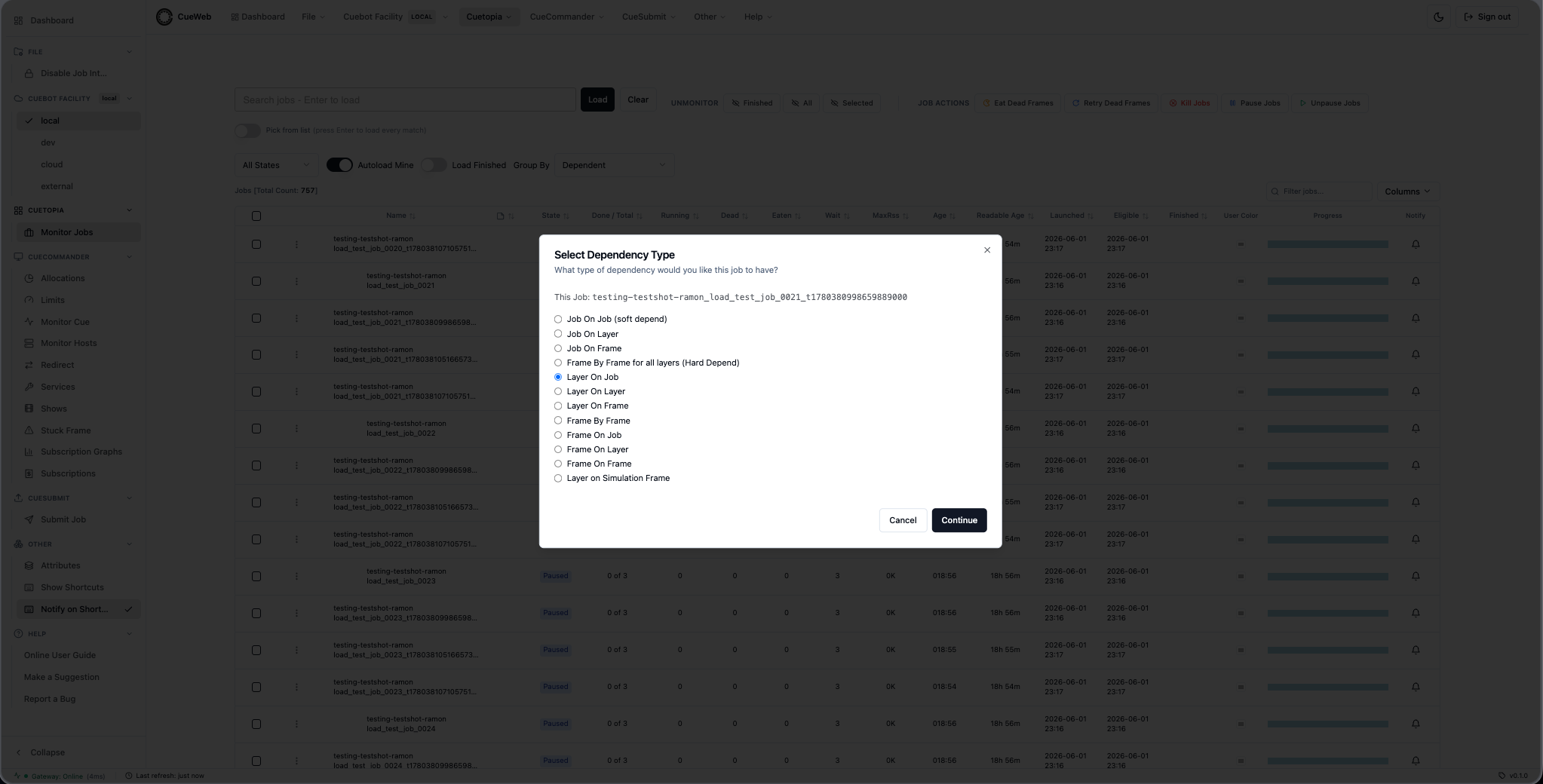 Layer On Job step 1 - select the dependency type