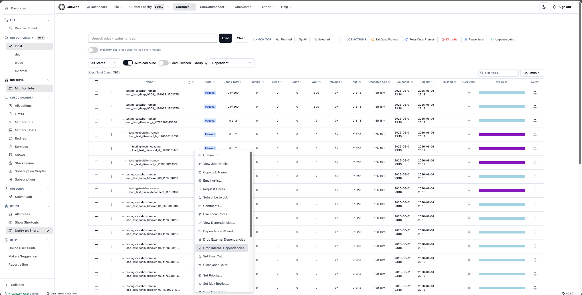 Drop Internal Dependencies entry in the job context menu
