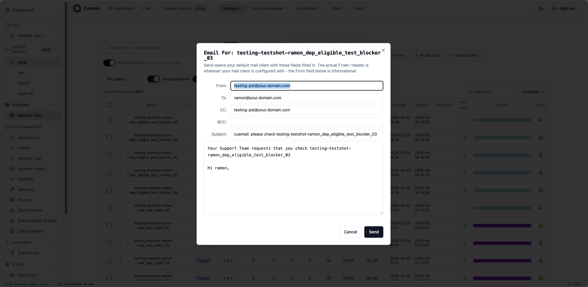 Email Artist dialog pre-filled from the selected job