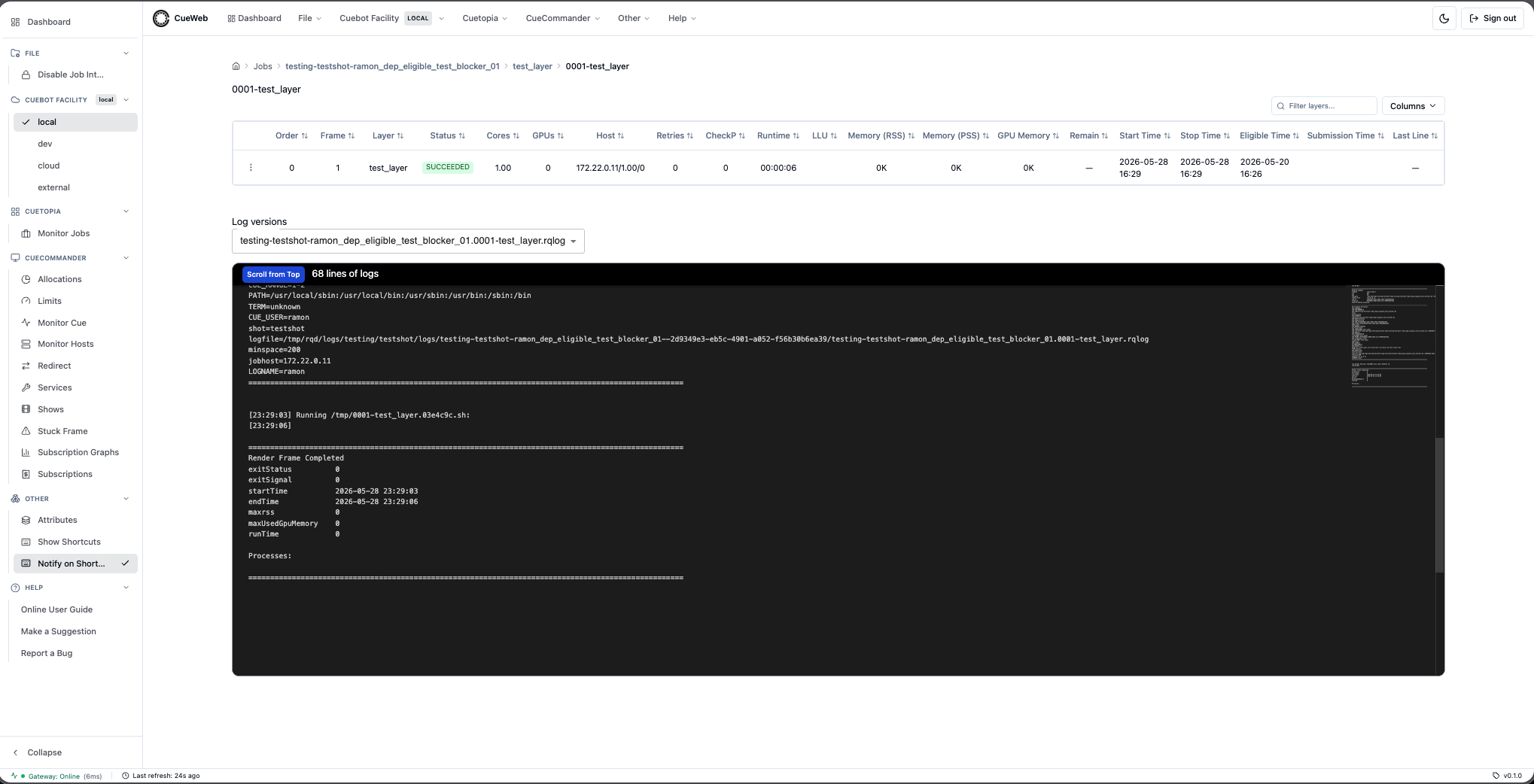 Frame information and logs visualization