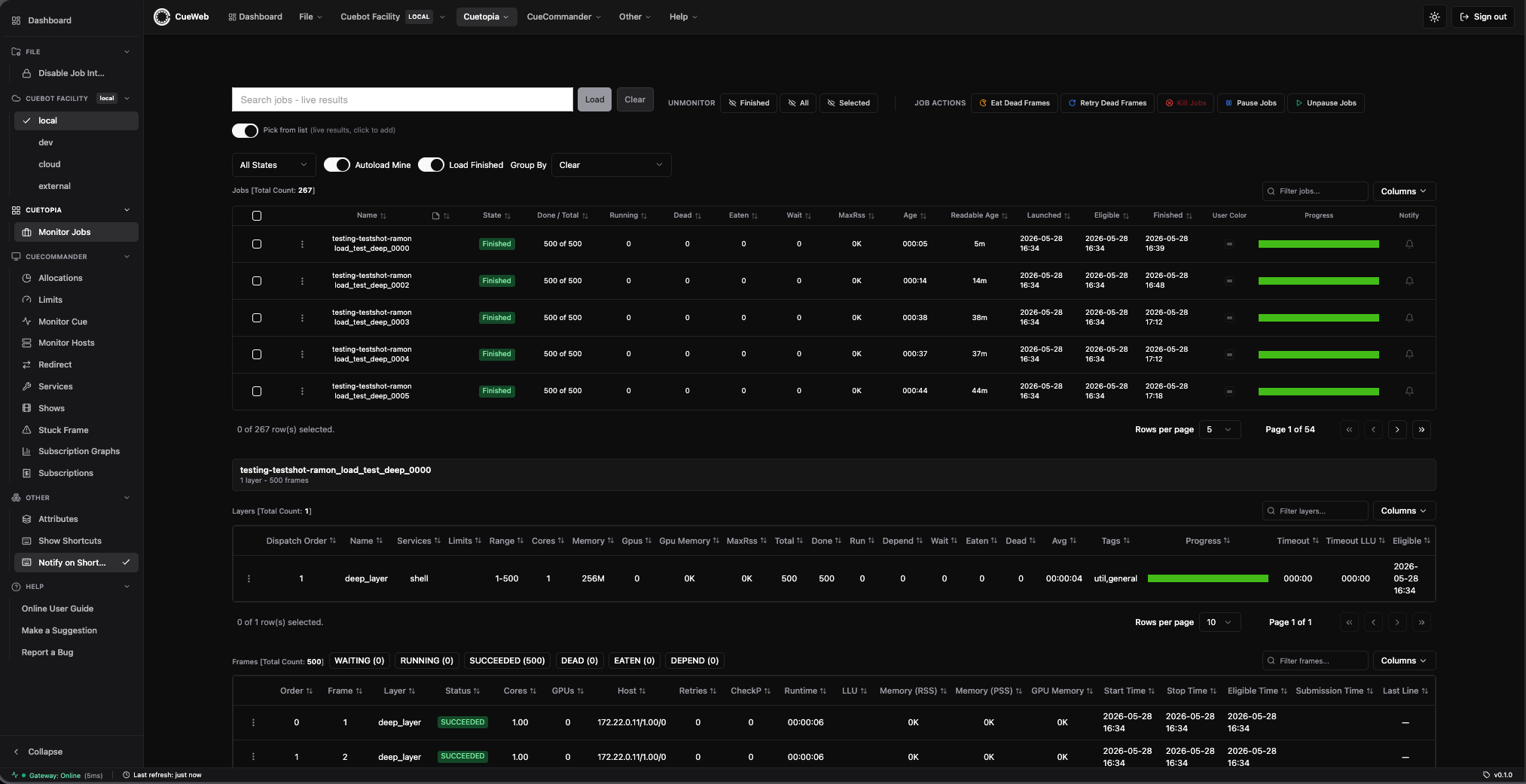 CueWeb Monitor Jobs in dark mode