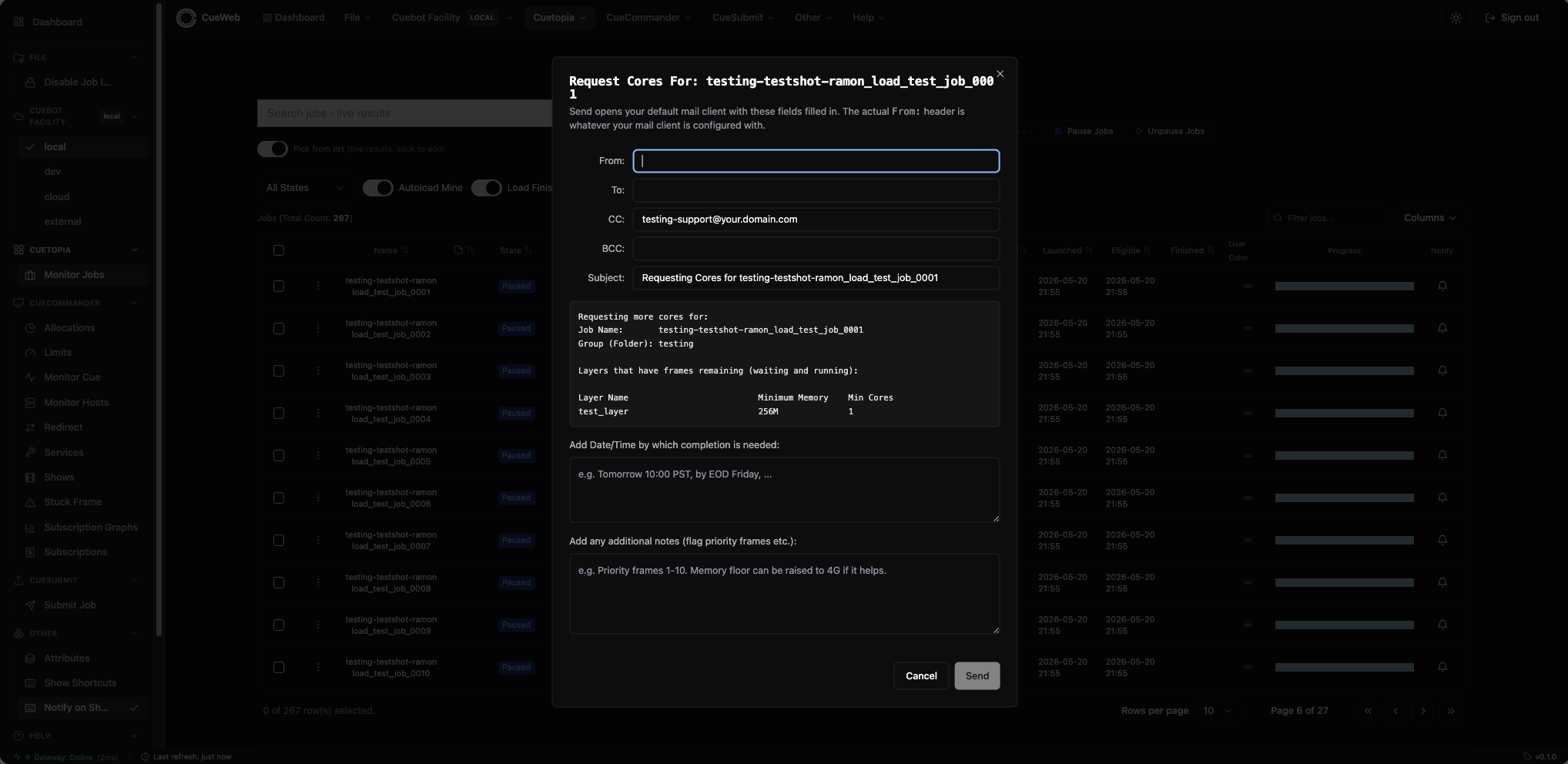 Request Cores dialog pre-filled from the selected job