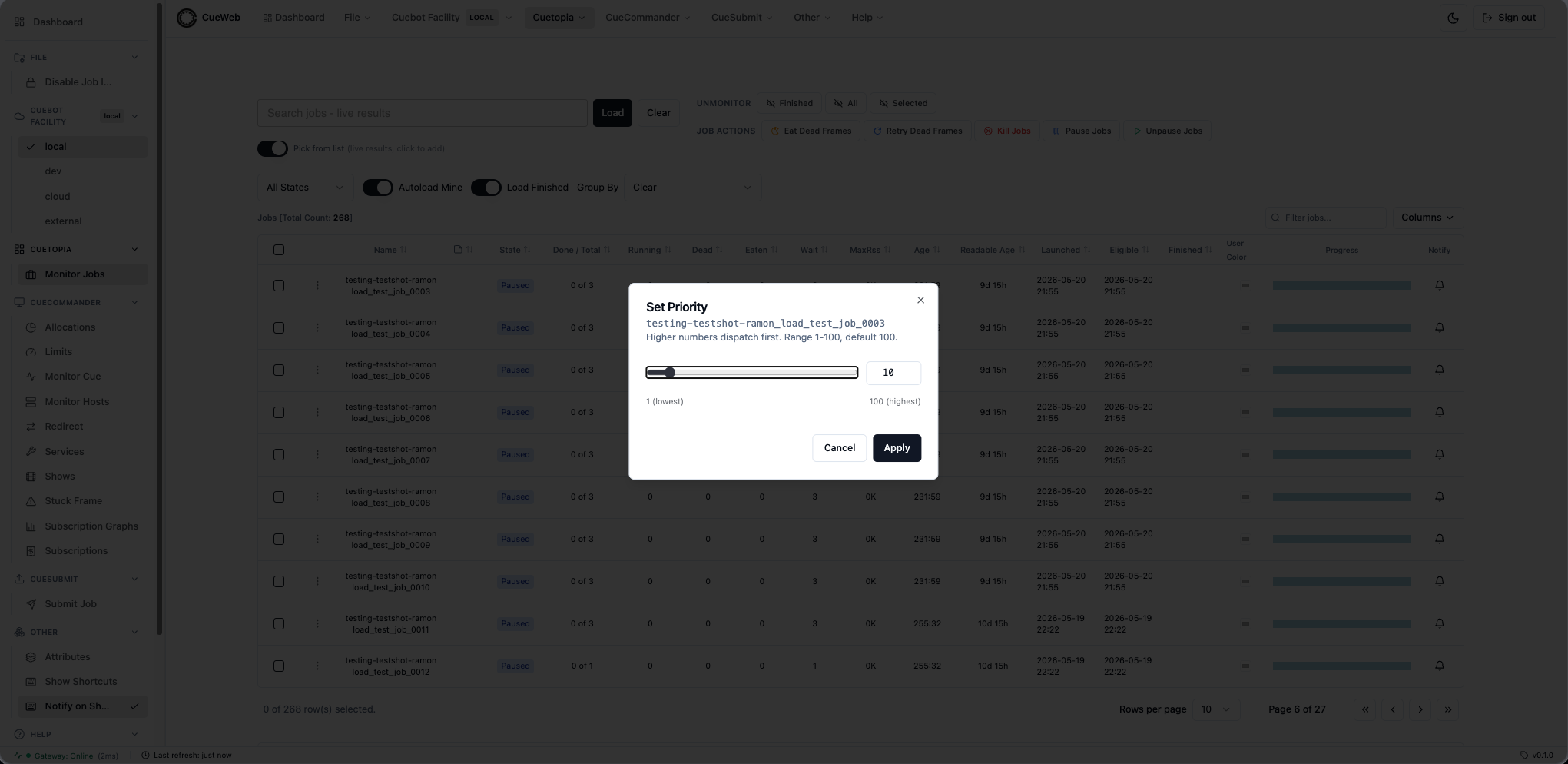 Set Priority dialog with slider and number input
