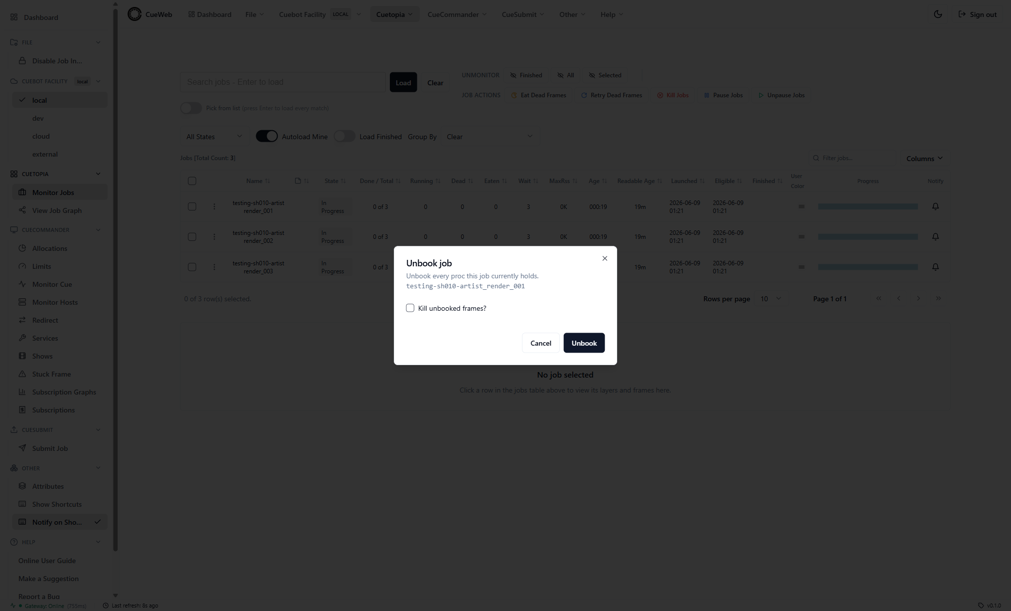 Unbook dialog with the optional Kill unbooked frames checkbox