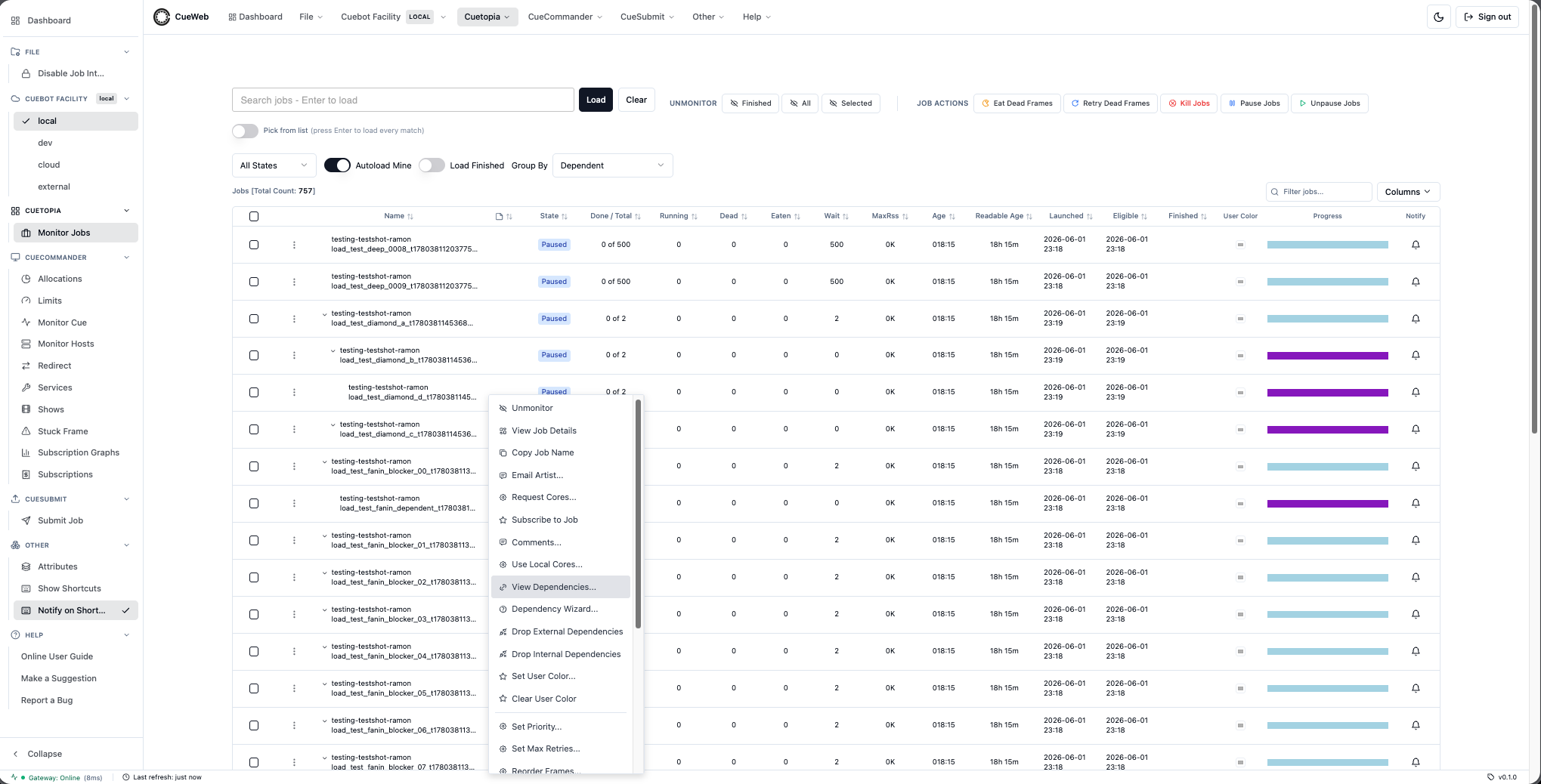 View Dependencies entry in the job context menu