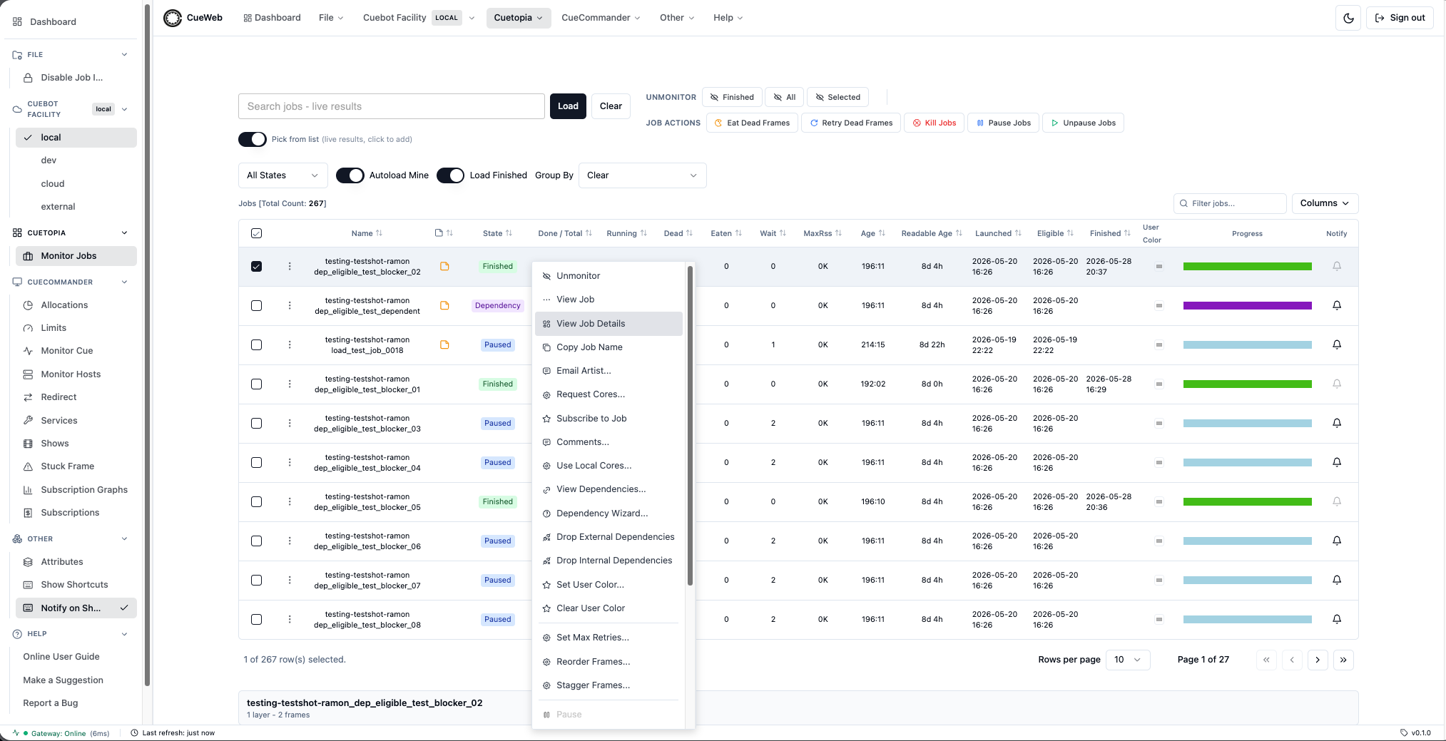 CueWeb View Job Details menu