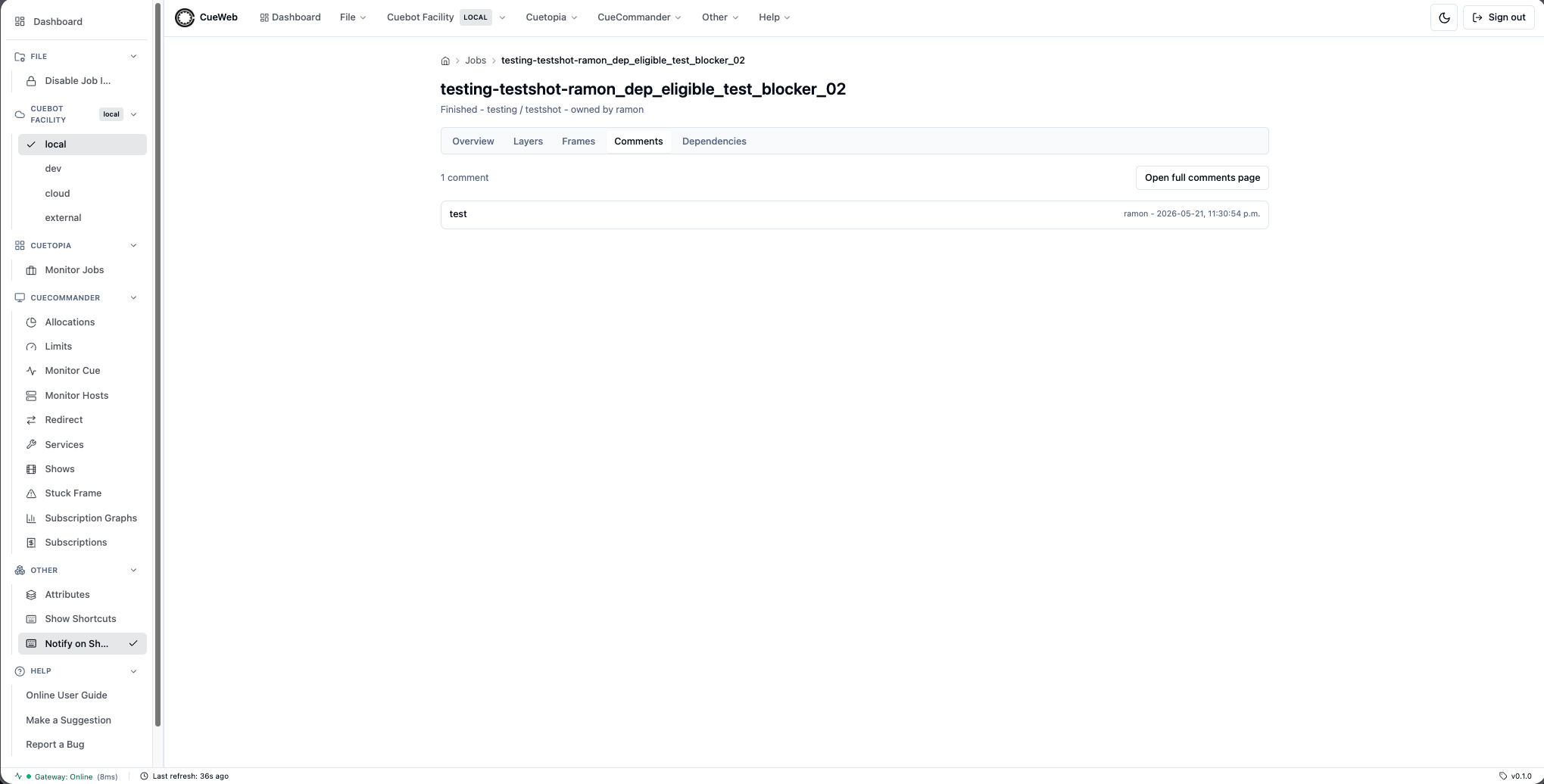 Job details Comments tab
