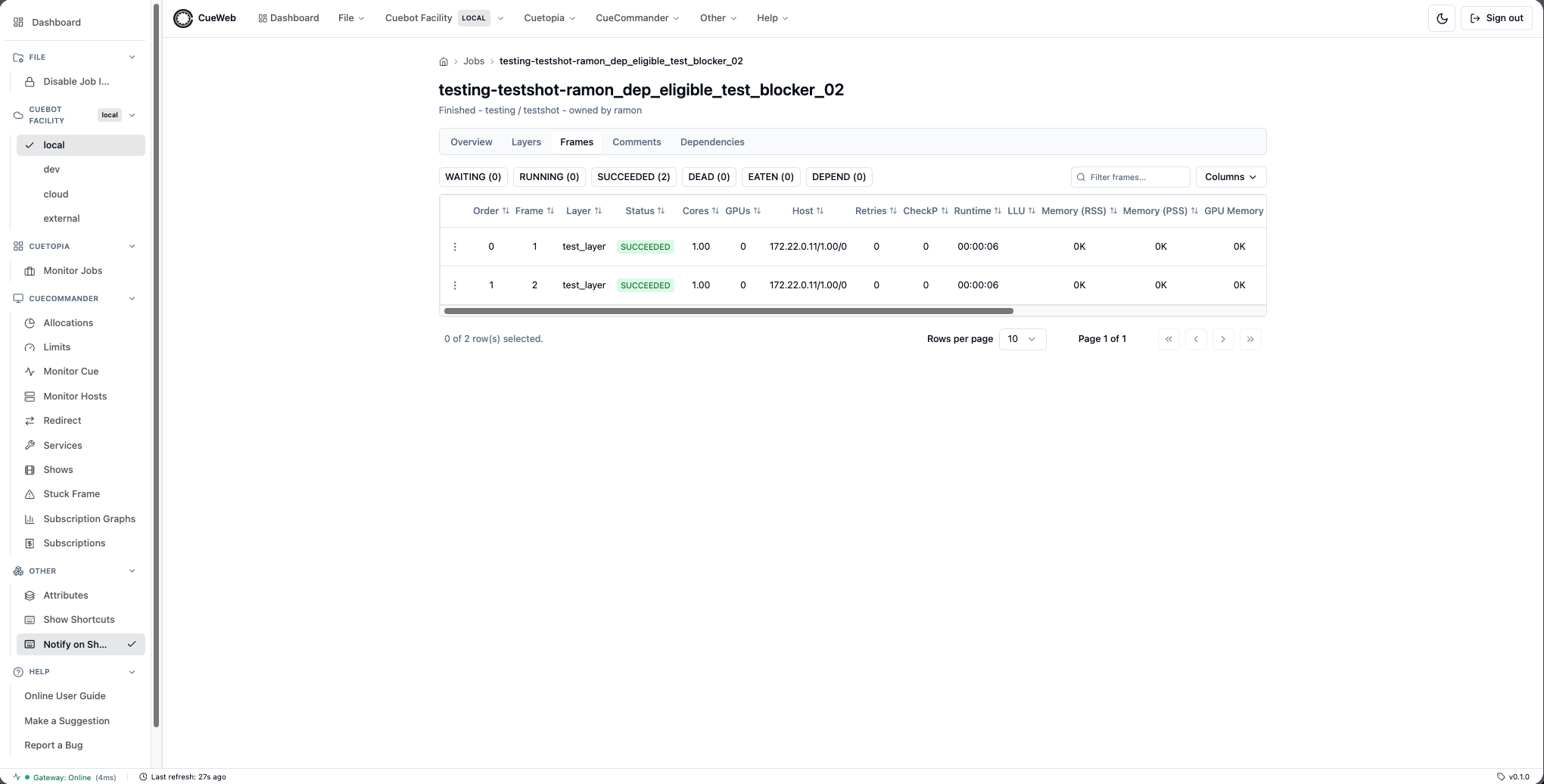 CueWeb Job Details frames tab