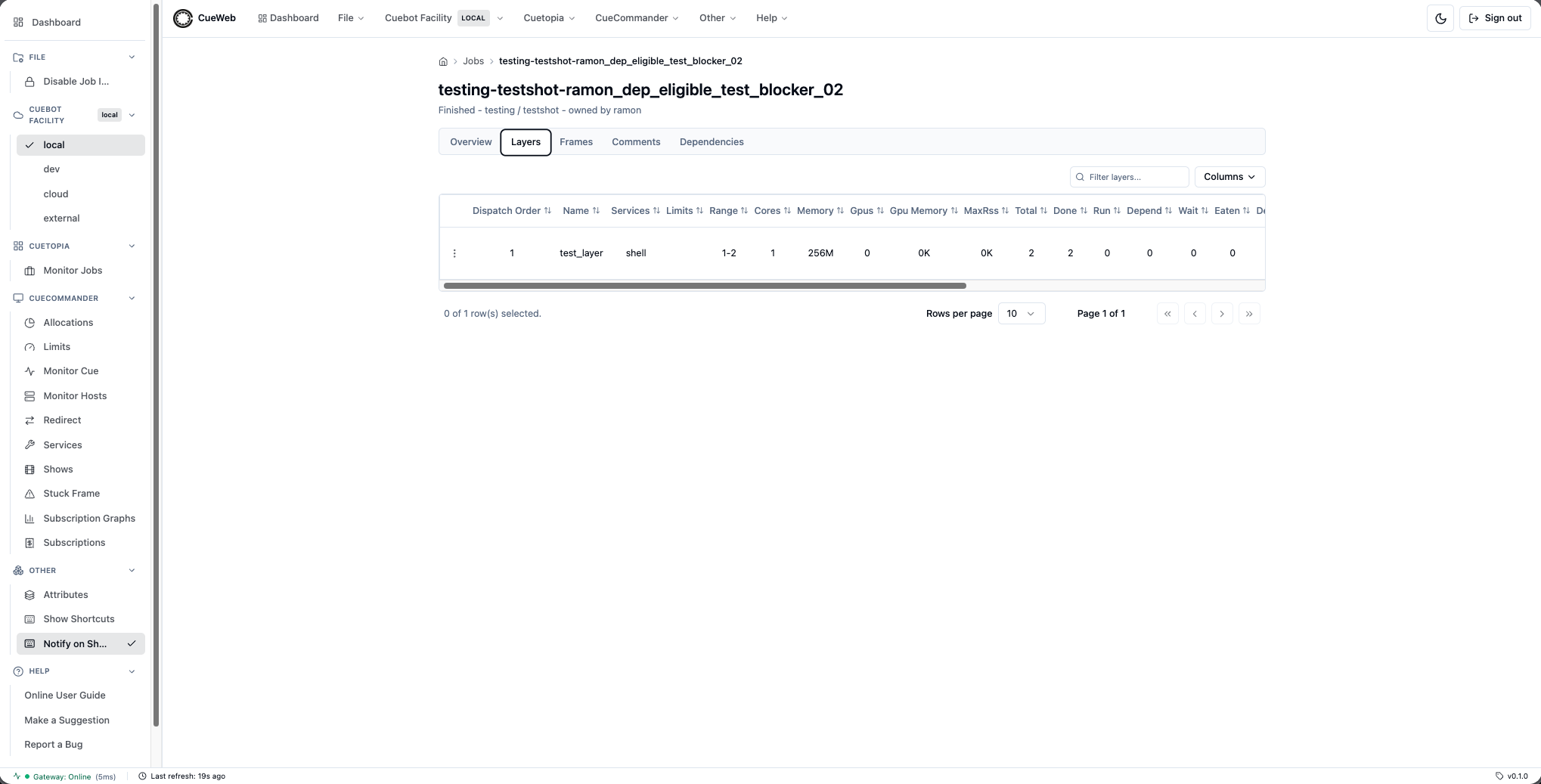 CueWeb Job Details layers tab