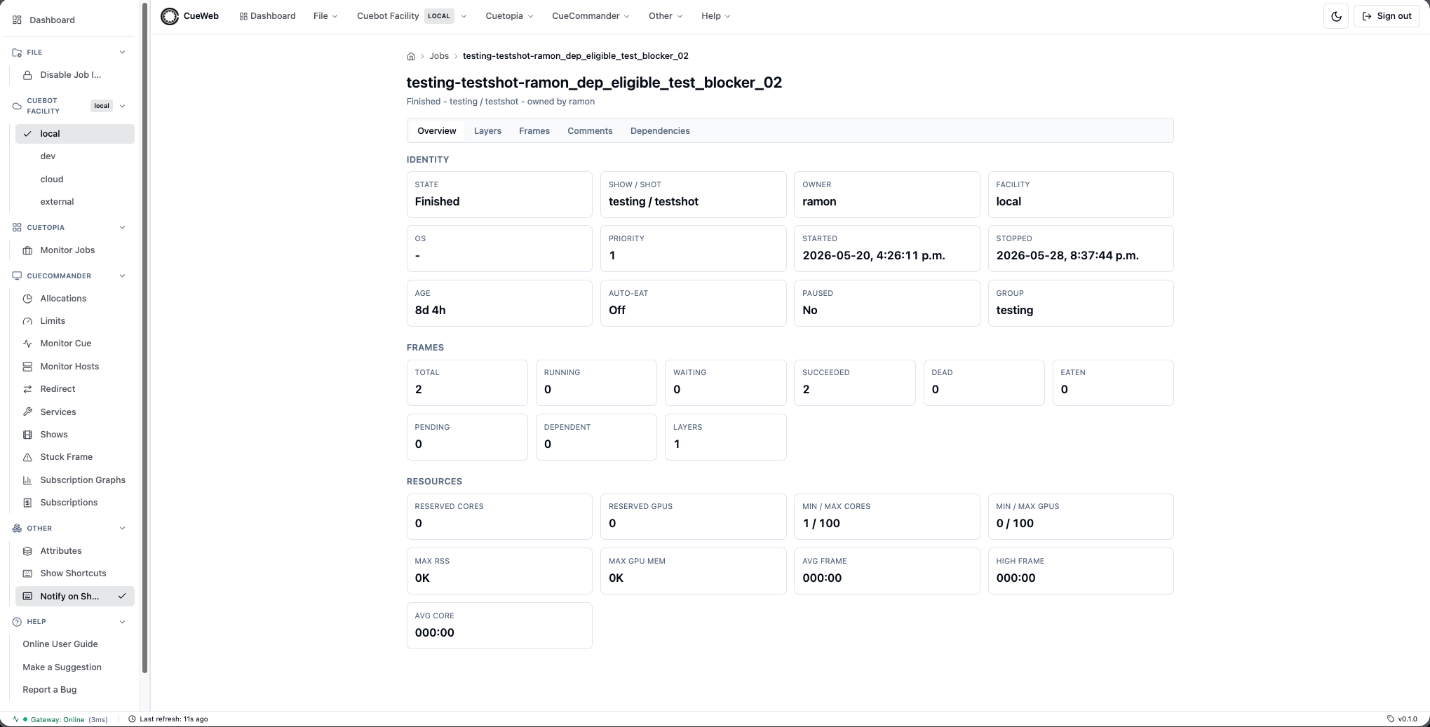 CueWeb Job Details overview tab
