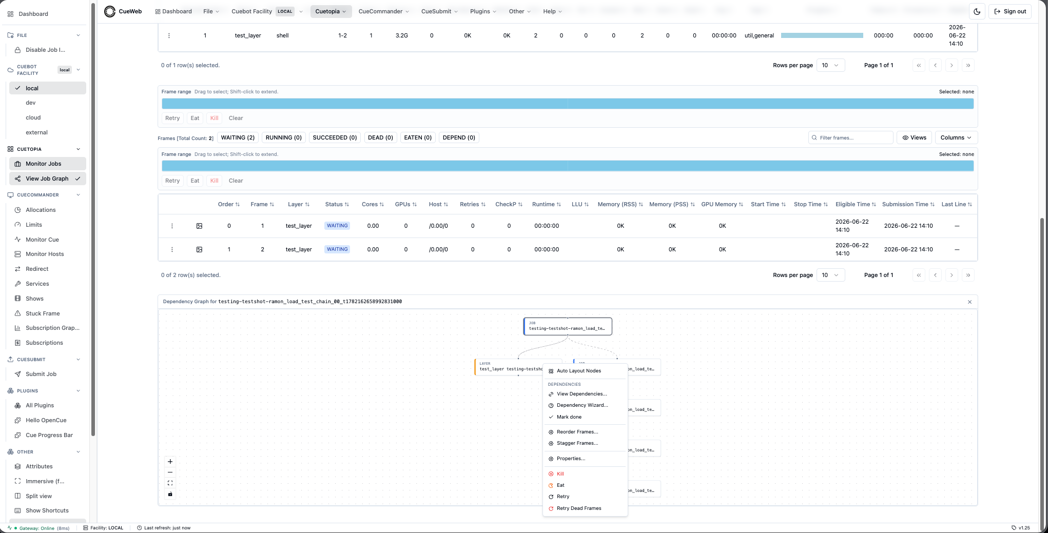 Right-click layer-node menu in the Job Dependency Graph