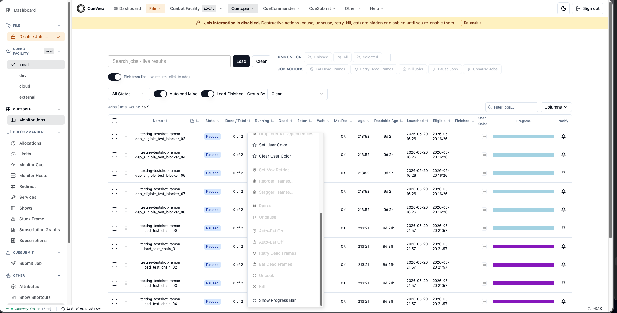 CueWeb read-only banner when job interaction is disabled