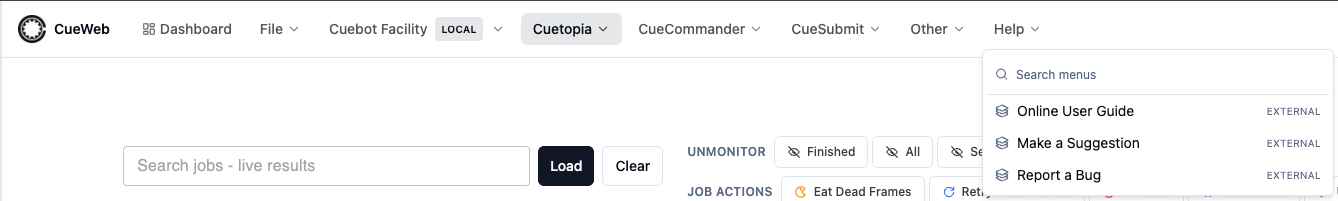 CueWeb Help menu