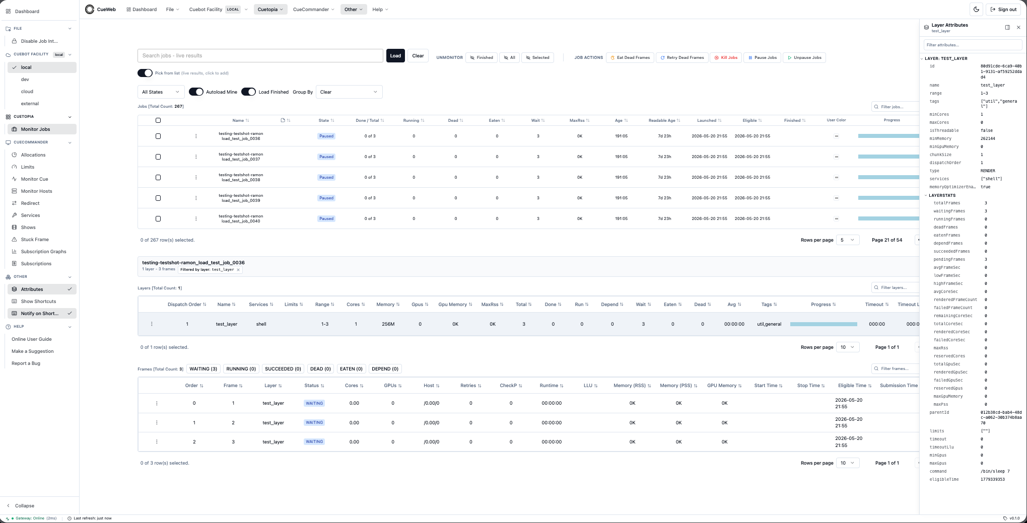 CueWeb attributes panel for a layer