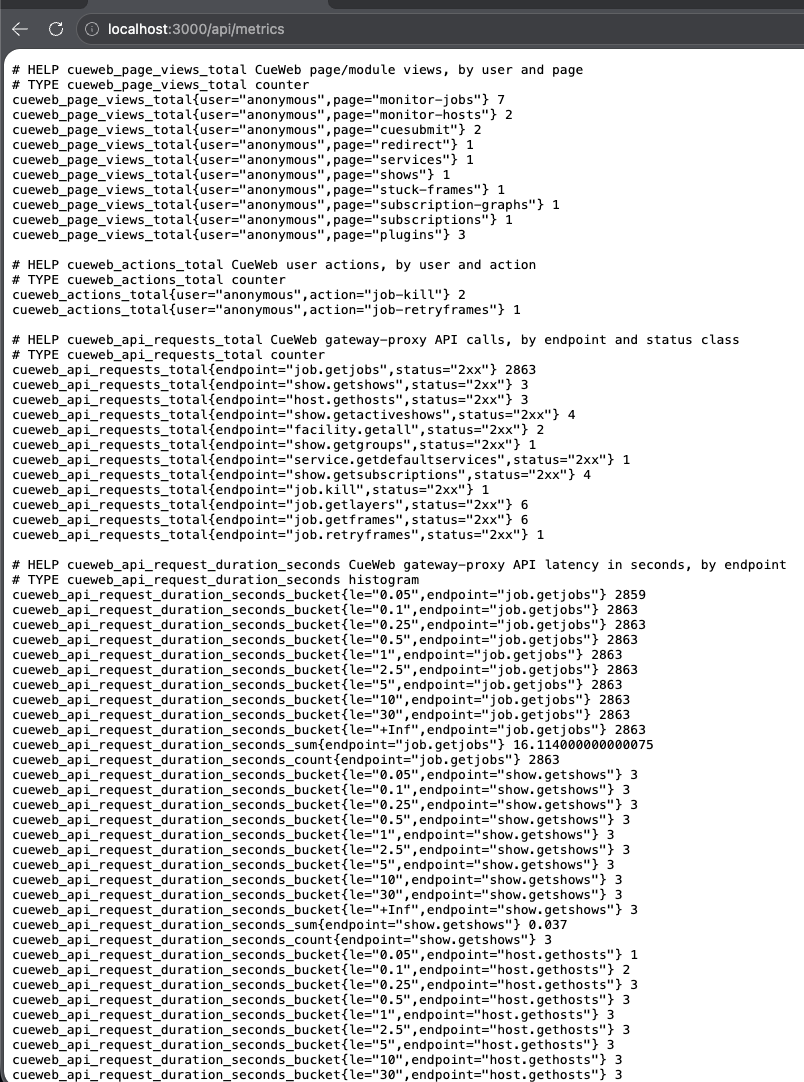 CueWeb /api/metrics endpoint - page view and action counters