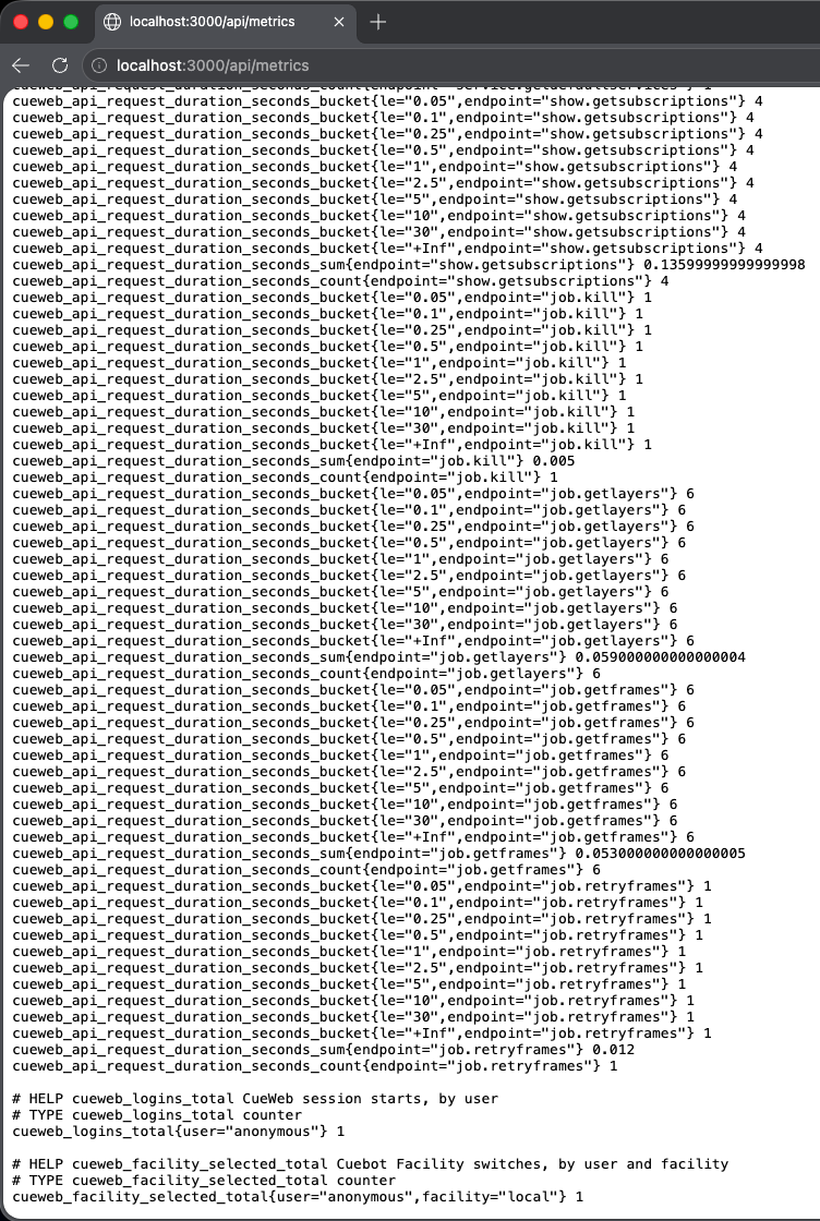 CueWeb /api/metrics endpoint - API request duration histogram