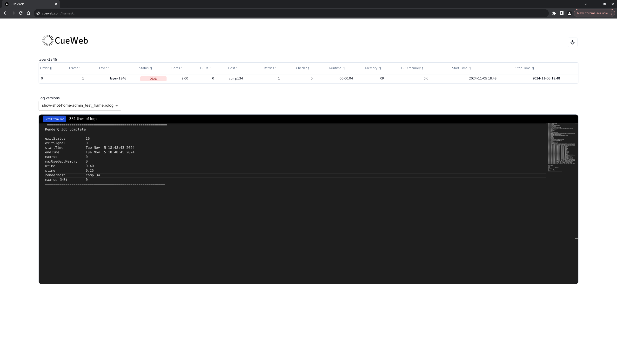 Frame information and logs visualization (light mode)